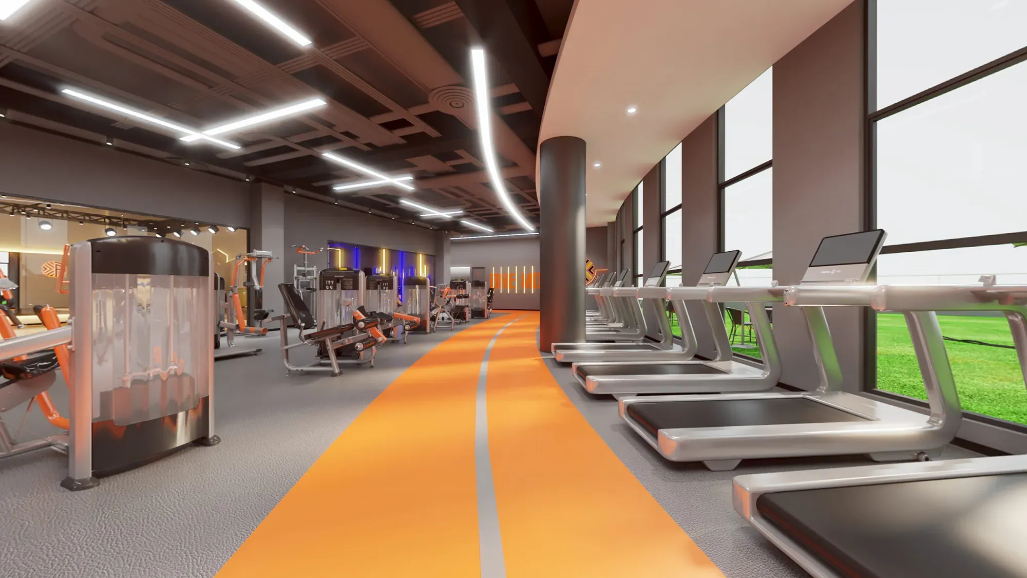 Cardio equipment detail with orange floor line, mirrors and overhead LED strips