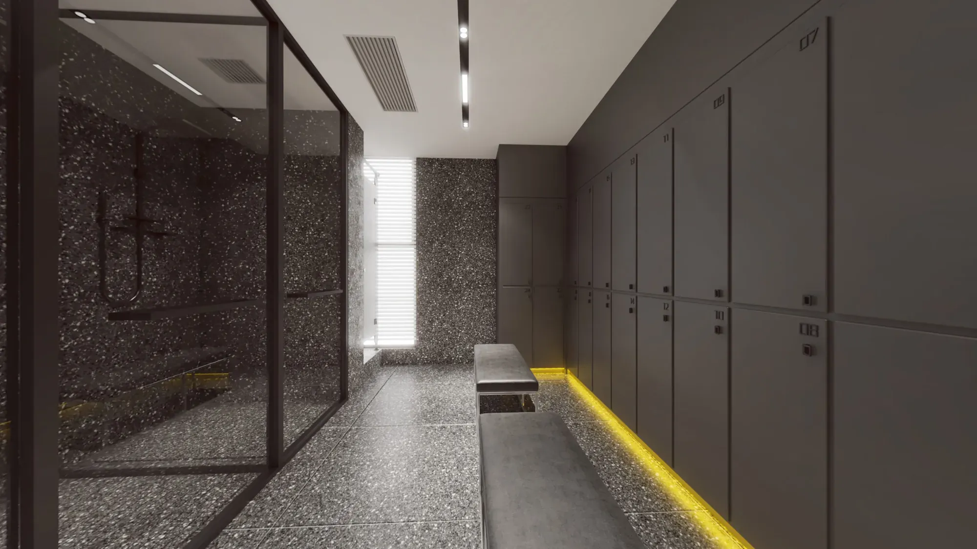 Fitness club changing room detail with dark storage panels and integrated lighting