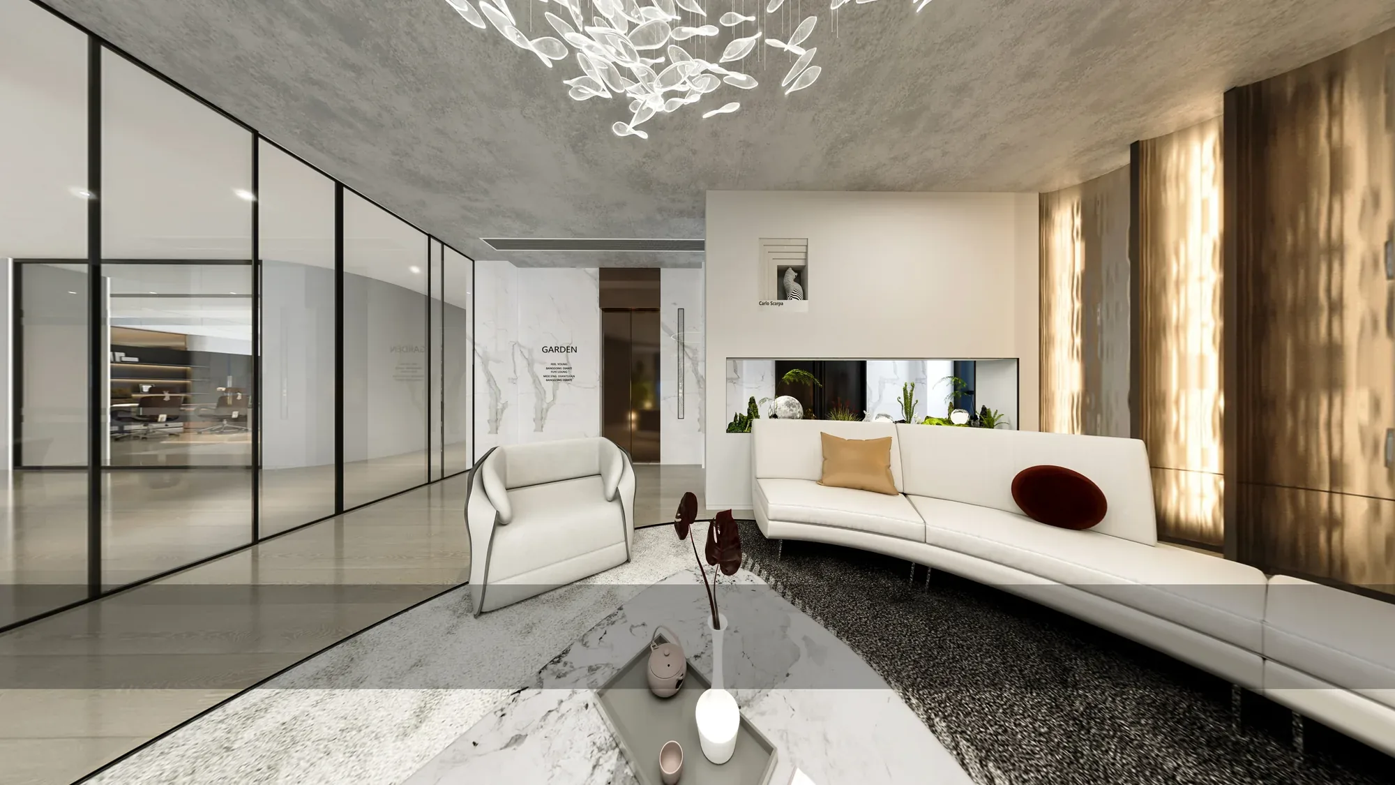 Contemporary office lounge with white seating, marble surfaces, glass partitions and a sculptural pendant light