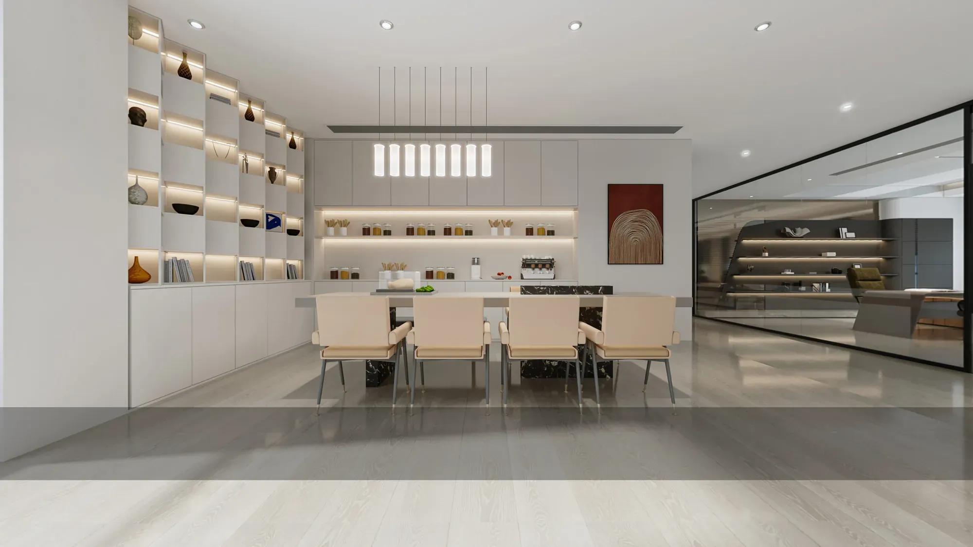 Office reception and client lounge with pale stone flooring and timber shelving