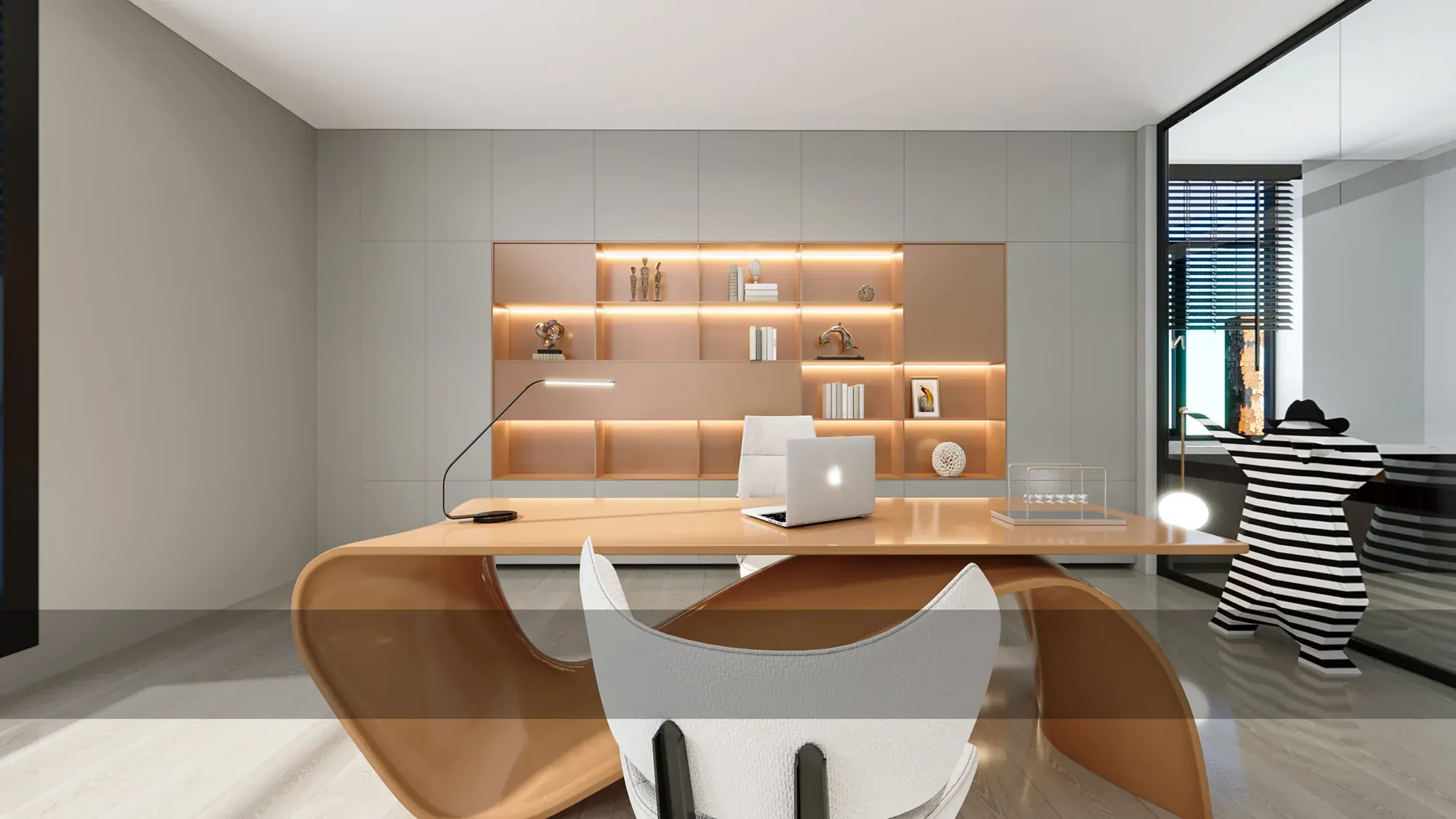 Private office with warm timber shelving, a clear desk and black-framed glazing