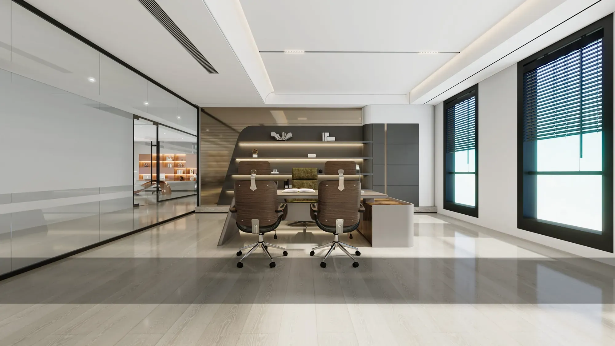 Office meeting room with a round wood table, upholstered chairs and glazed partitions