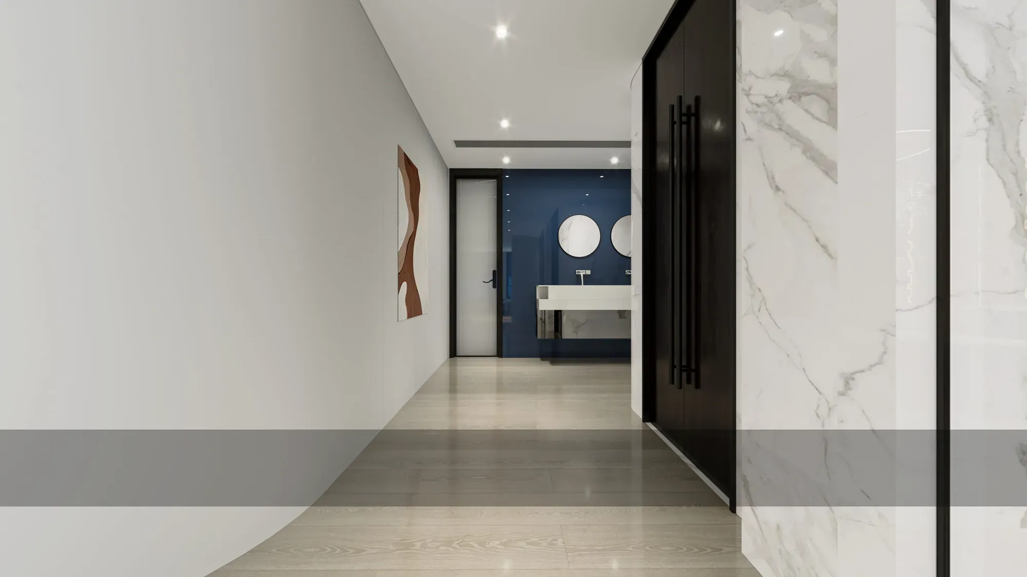 Office corridor with pale stone walls, a blue feature door and framed meeting-room fronts