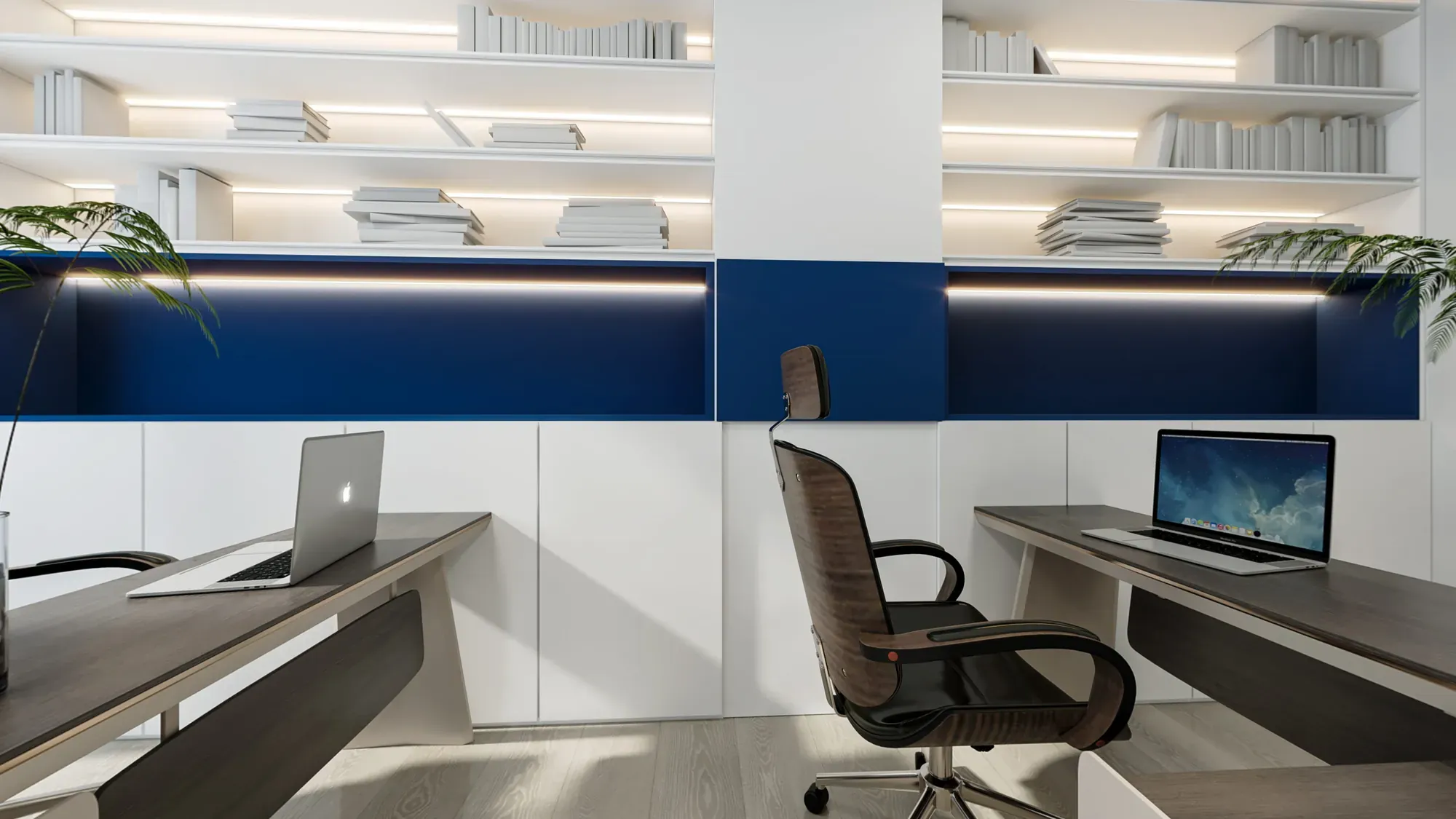 Detail of an open office workstation with integrated shelving and blue acoustic backing