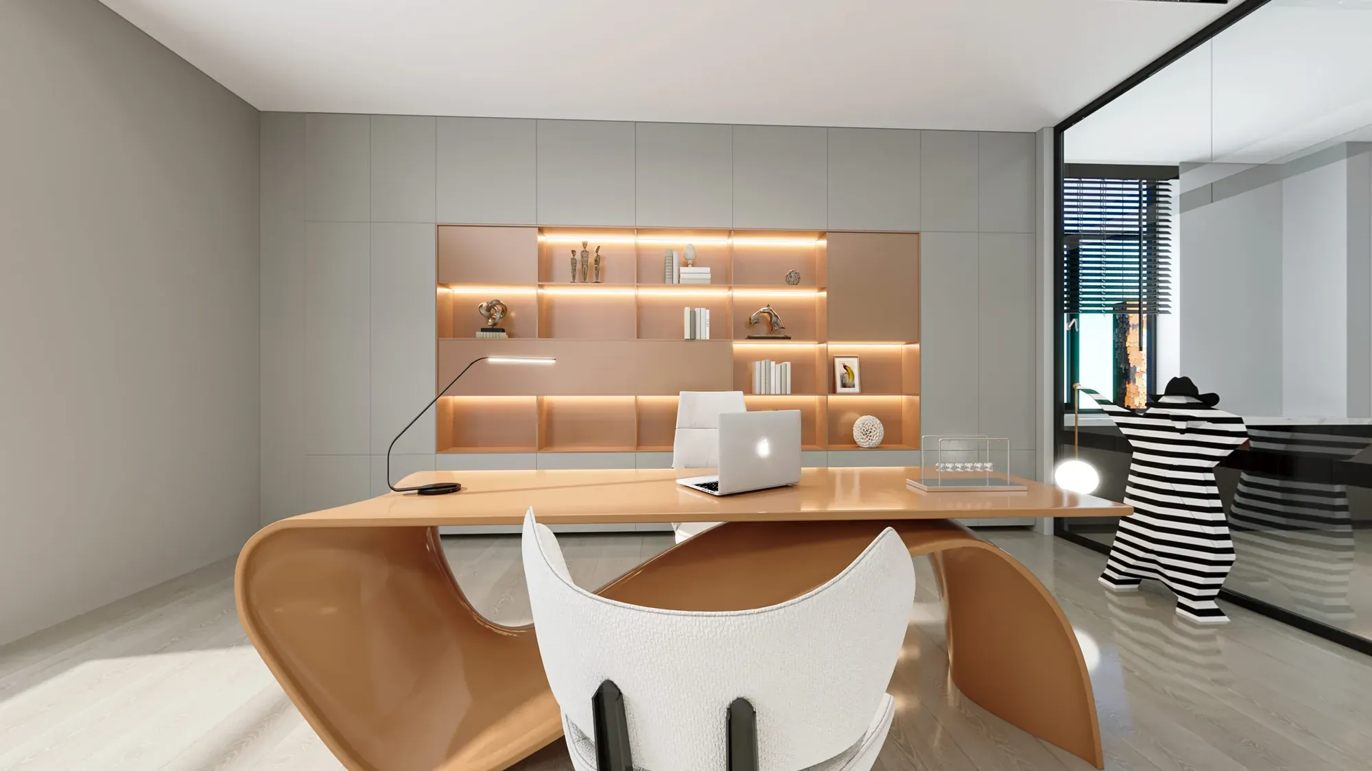 Private office detail with an illuminated timber display wall