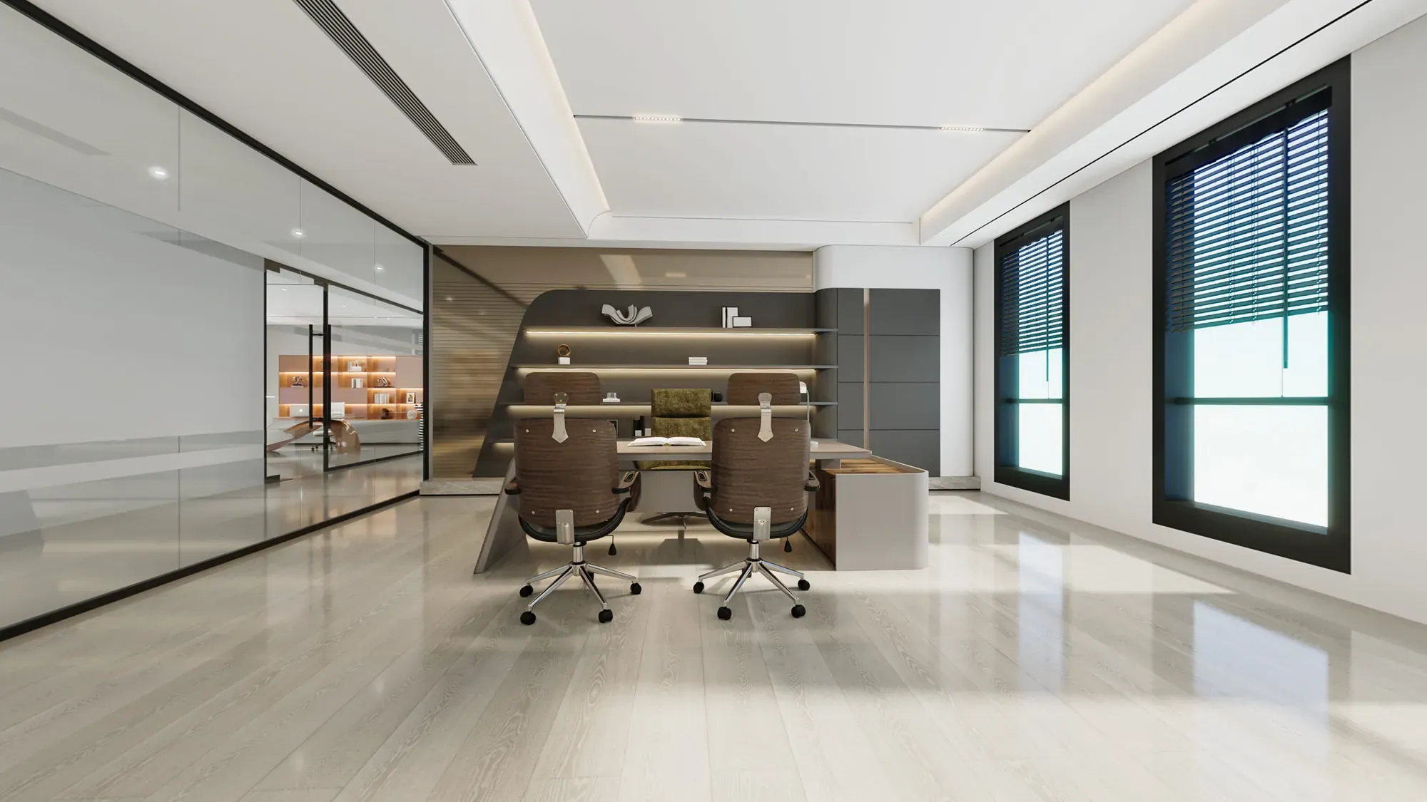 Meeting room detail showing the timber table, white seating and glazed boundary