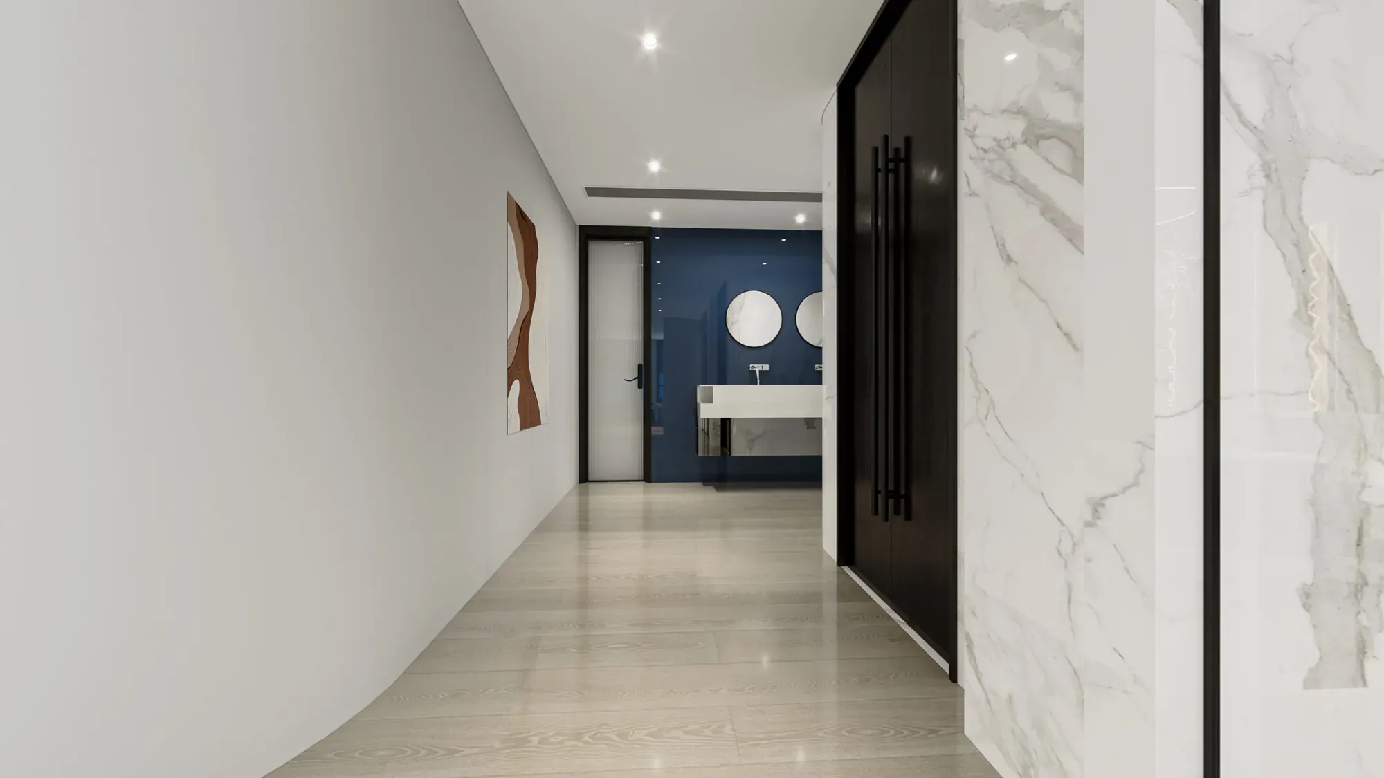 Office circulation detail with marble-look wall cladding and a dark-framed doorway