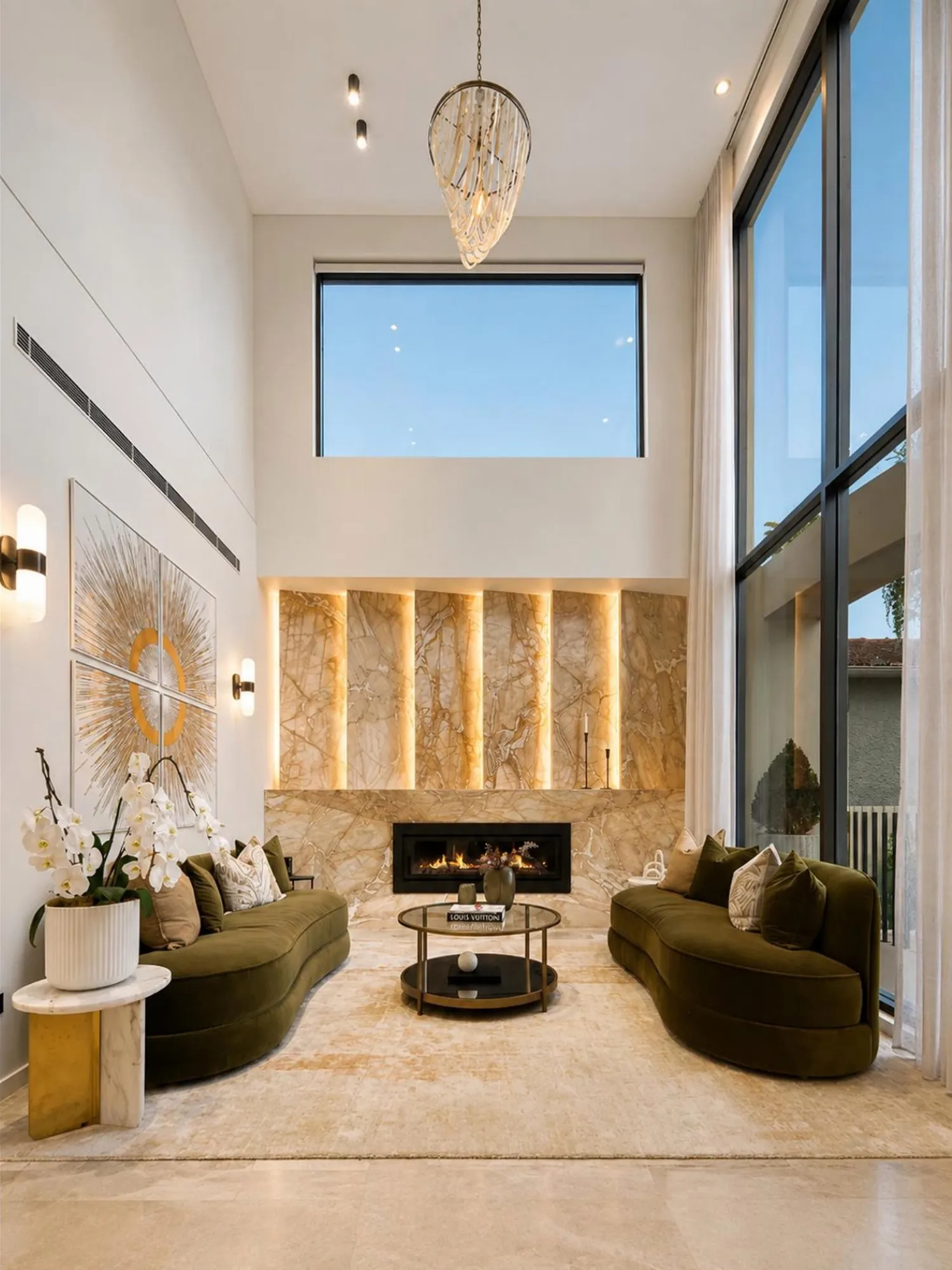 Formal living room with double-height glazing, marble floor and timber fireplace wall