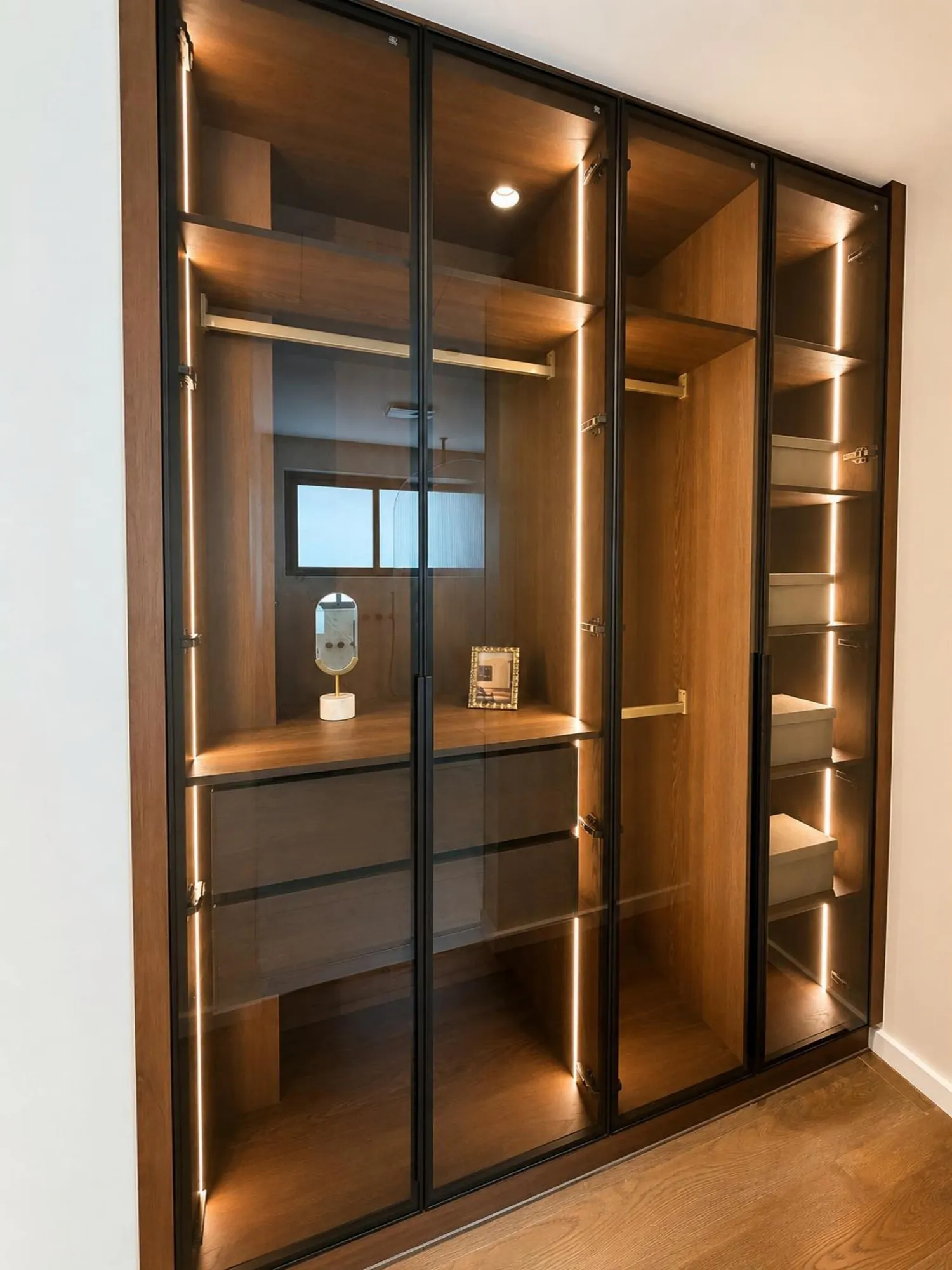 Detailed view of illuminated glass-front wardrobe storage