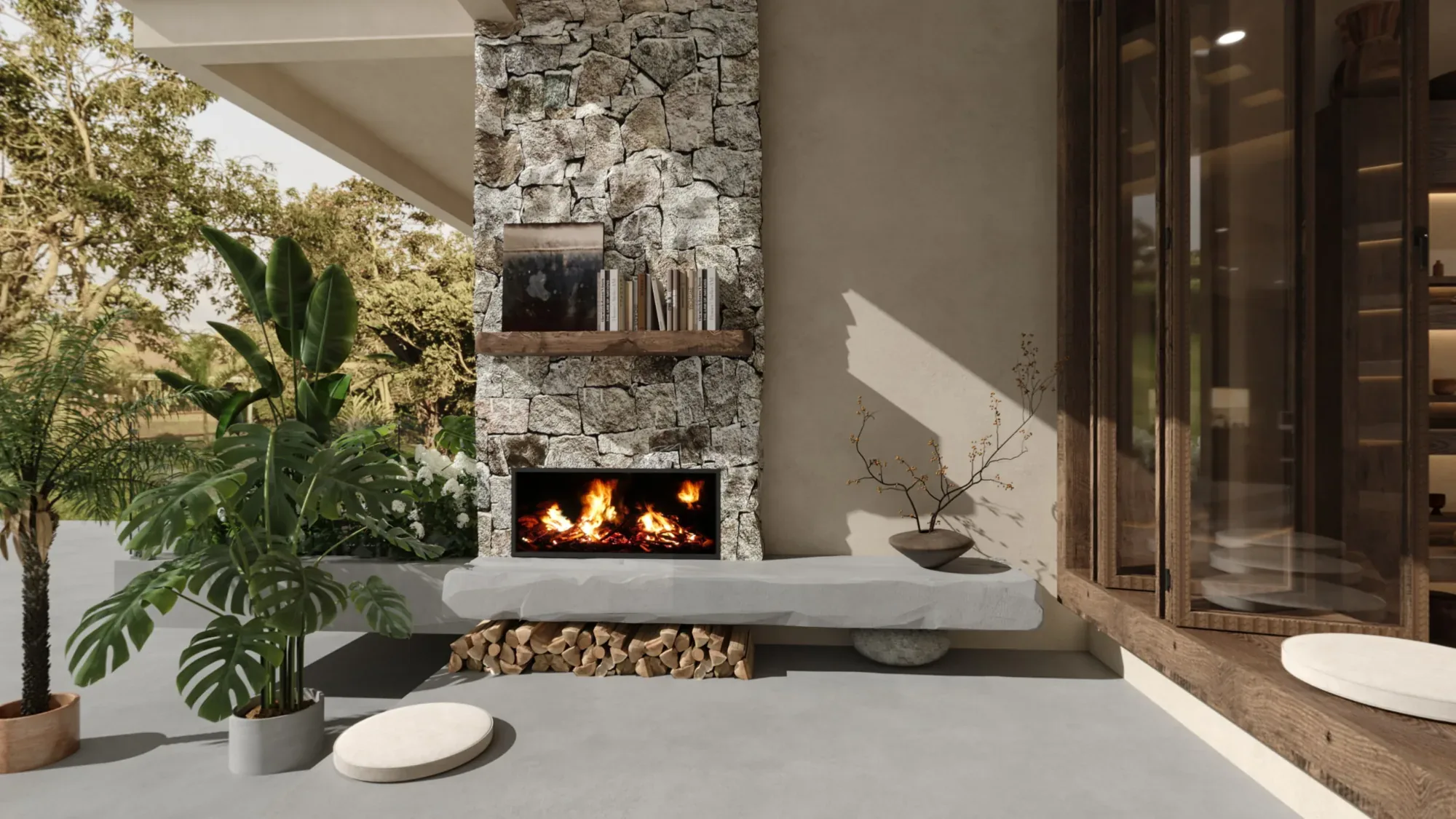 Rural guesthouse terrace with natural stone fireplace, timber doors and dense garden planting