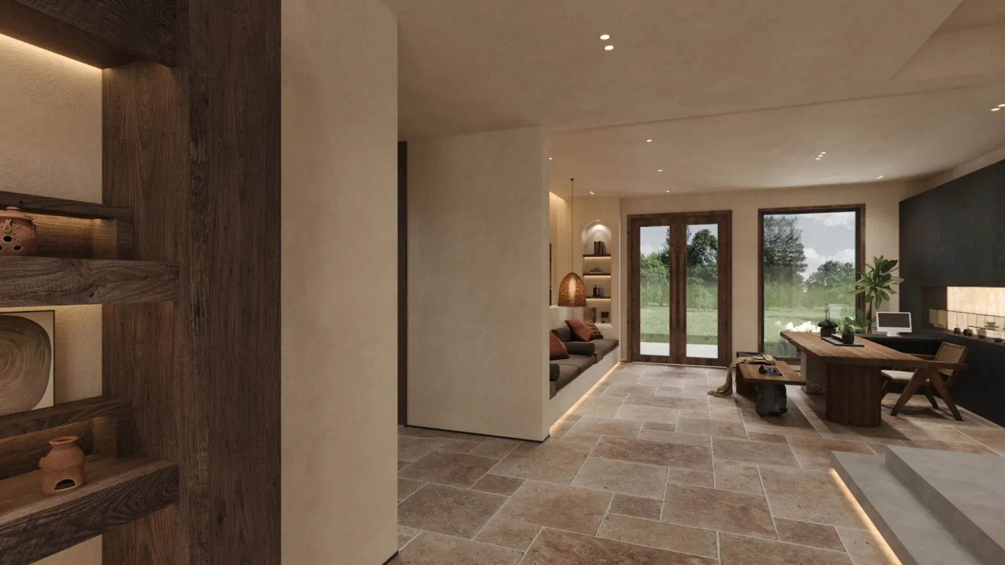 Guesthouse cafe and reception space with rustic timber joinery and warm stone flooring