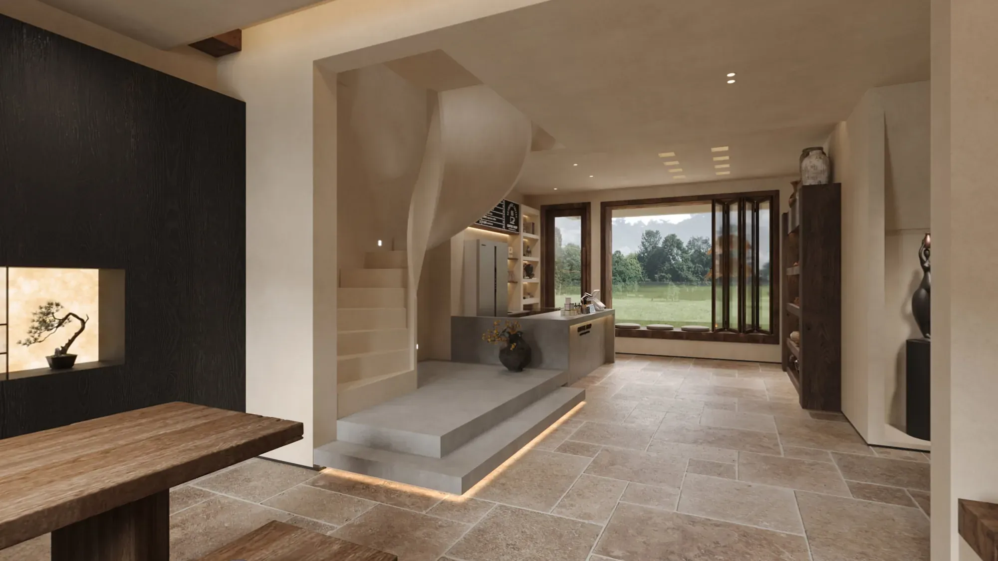 Sunken guesthouse lounge with sculpted plaster walls, timber seating and garden views