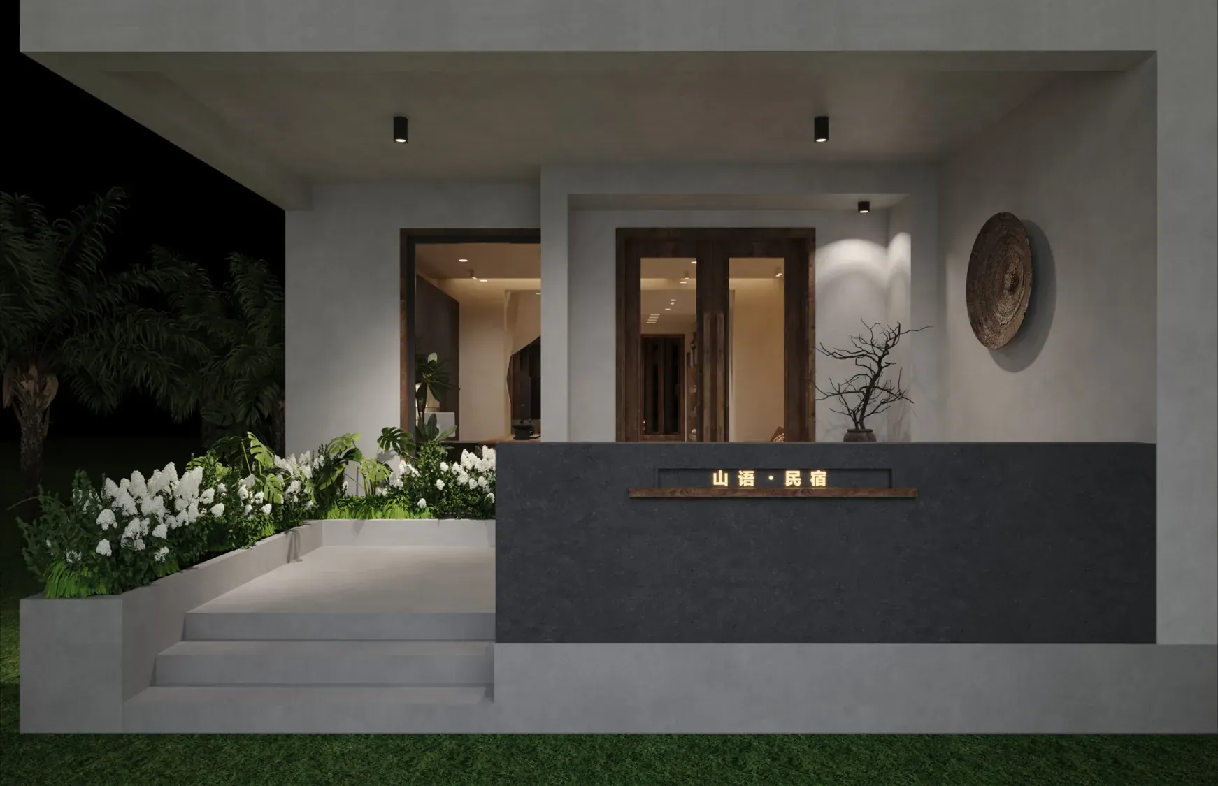 Minimal guesthouse entrance with dark stone plinth, soft planting and timber doors