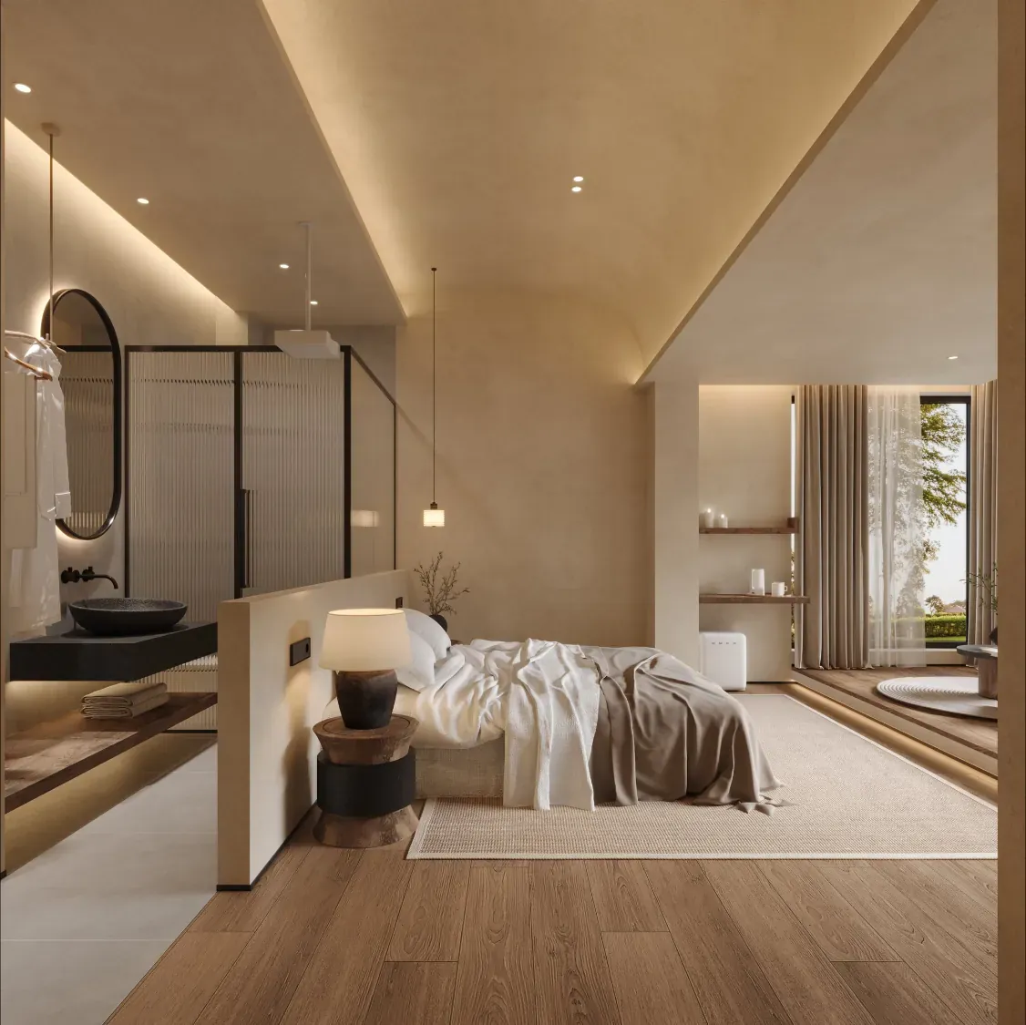 Guesthouse stair hall with curved plaster stair and timber shelving