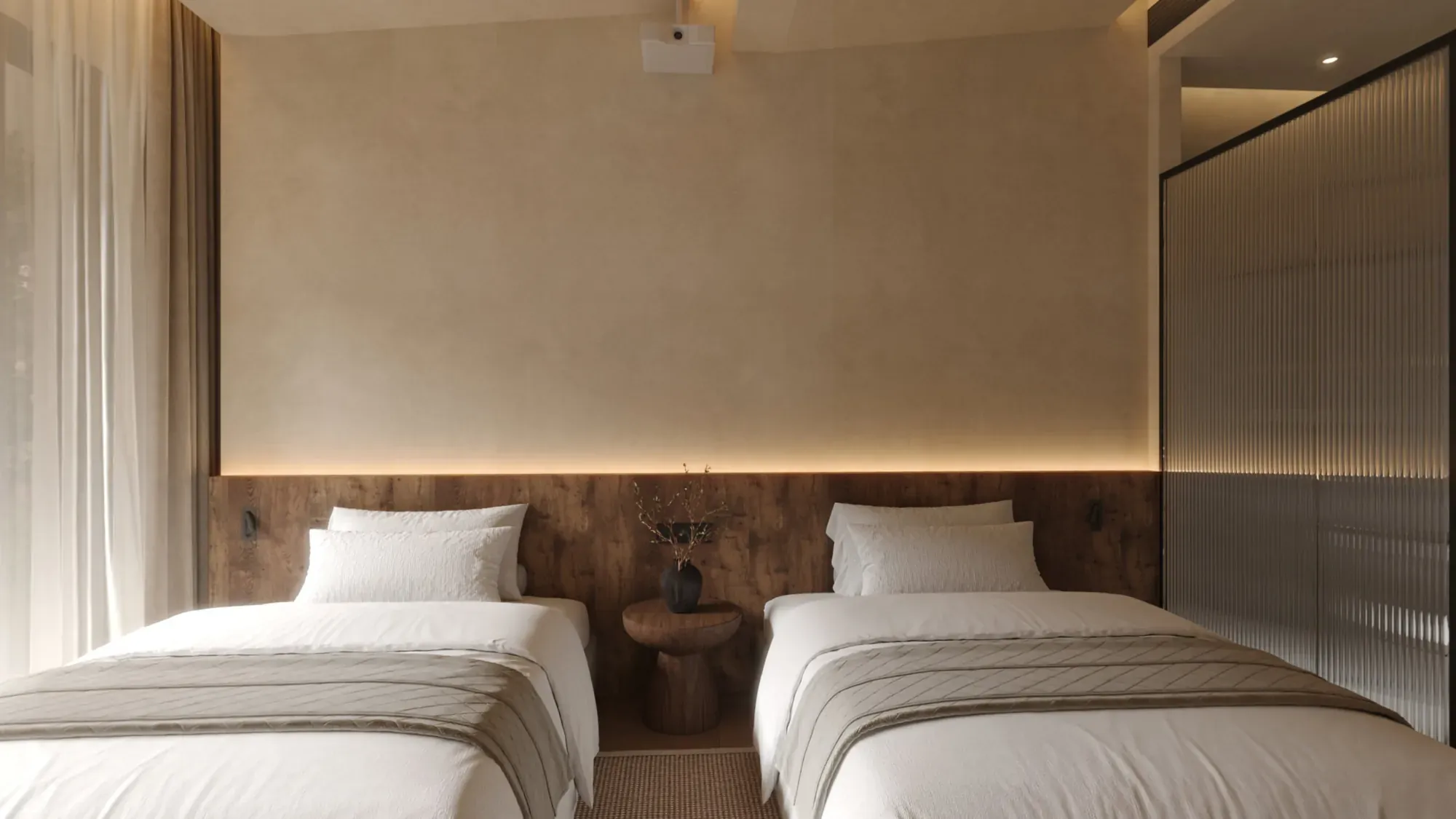 Warm organic twin guestroom with timber headboard and ribbed glass screen