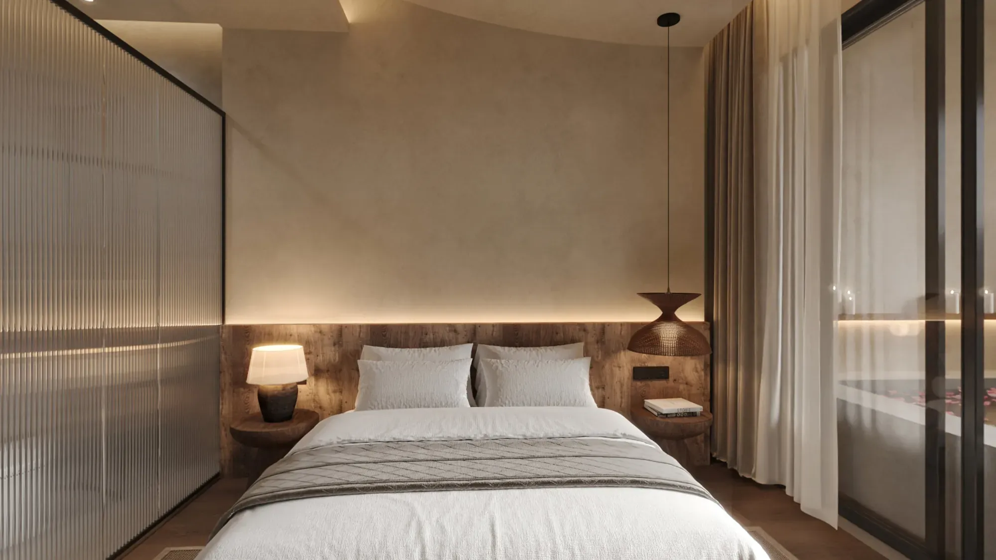 Calm double guestroom with warm plaster walls and timber details