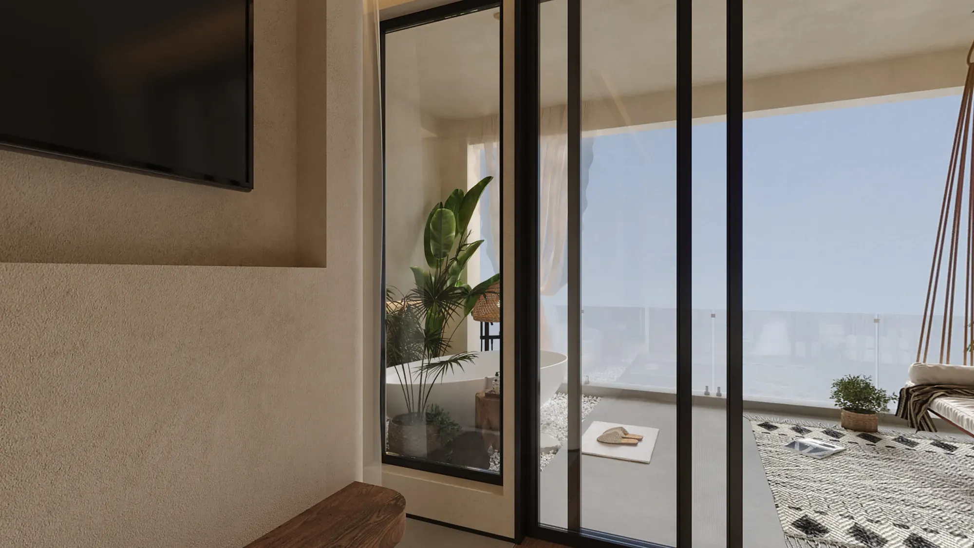 Guestroom window edge with planted terrace beyond a full-height glass screen