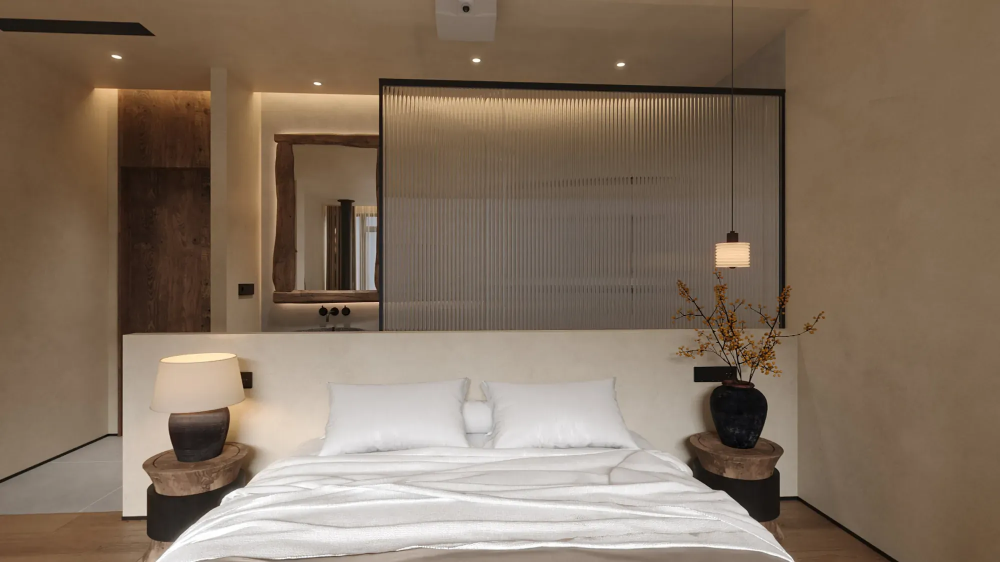 Guesthouse suite with integrated wash area and ribbed glass screen