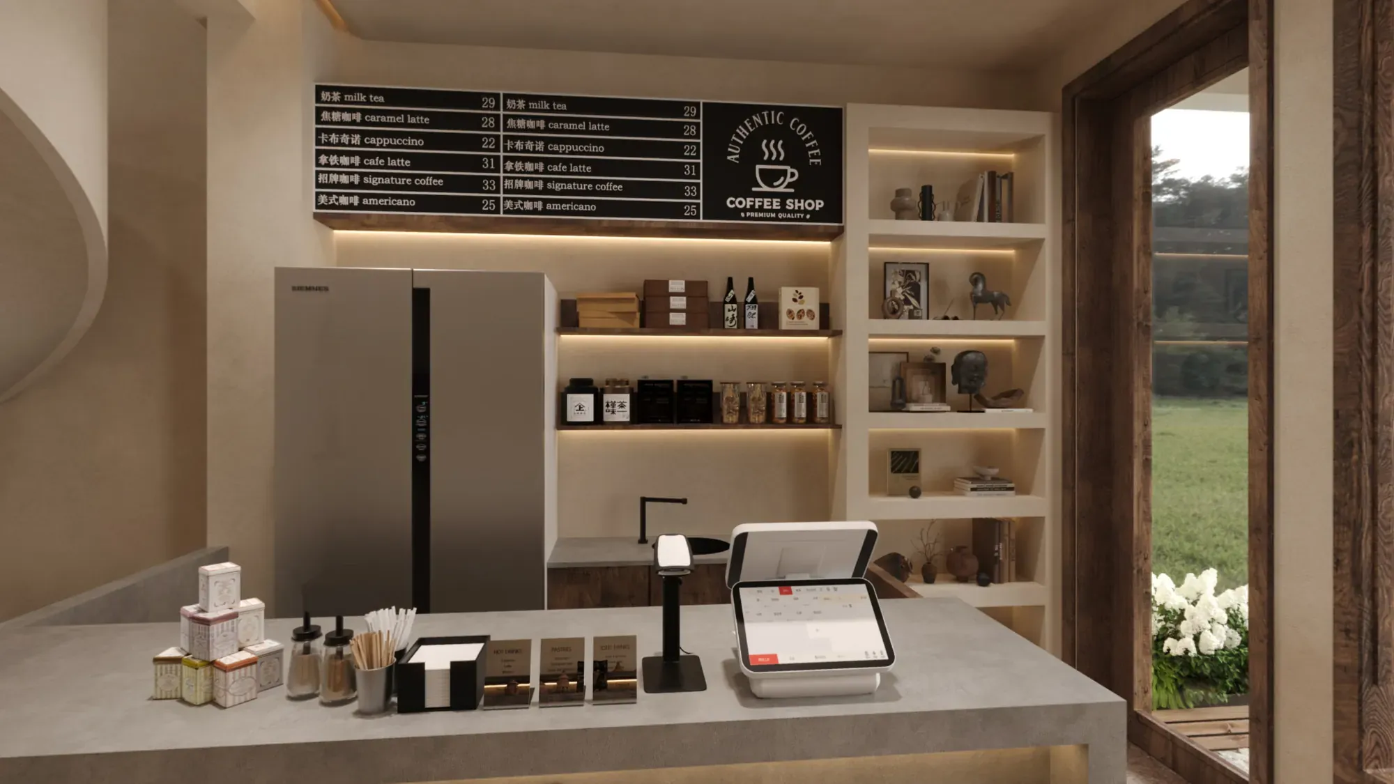 Compact coffee service counter with illuminated shelves and garden-facing window