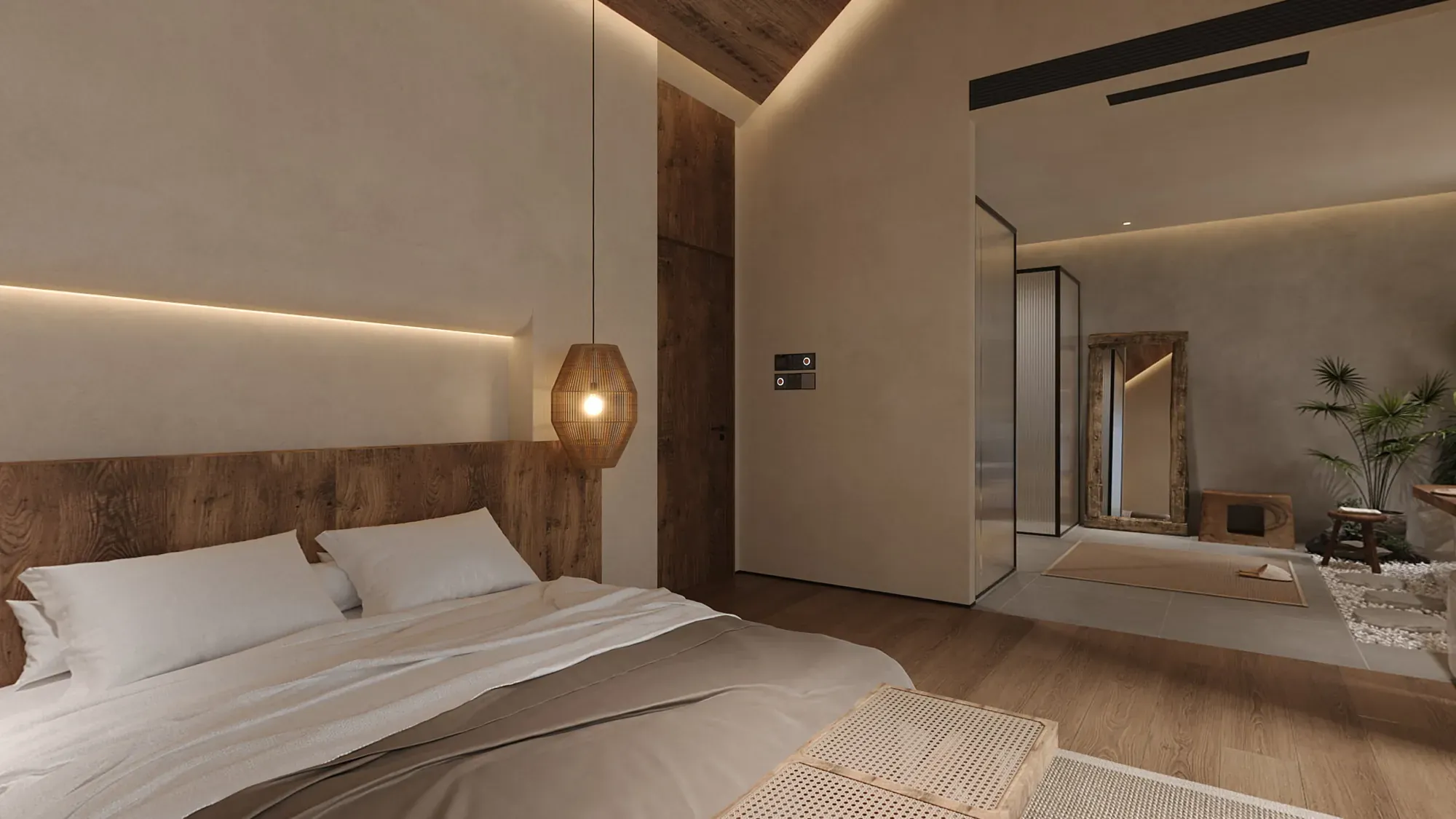 Warm guestroom with timber headboard and garden bathroom connection