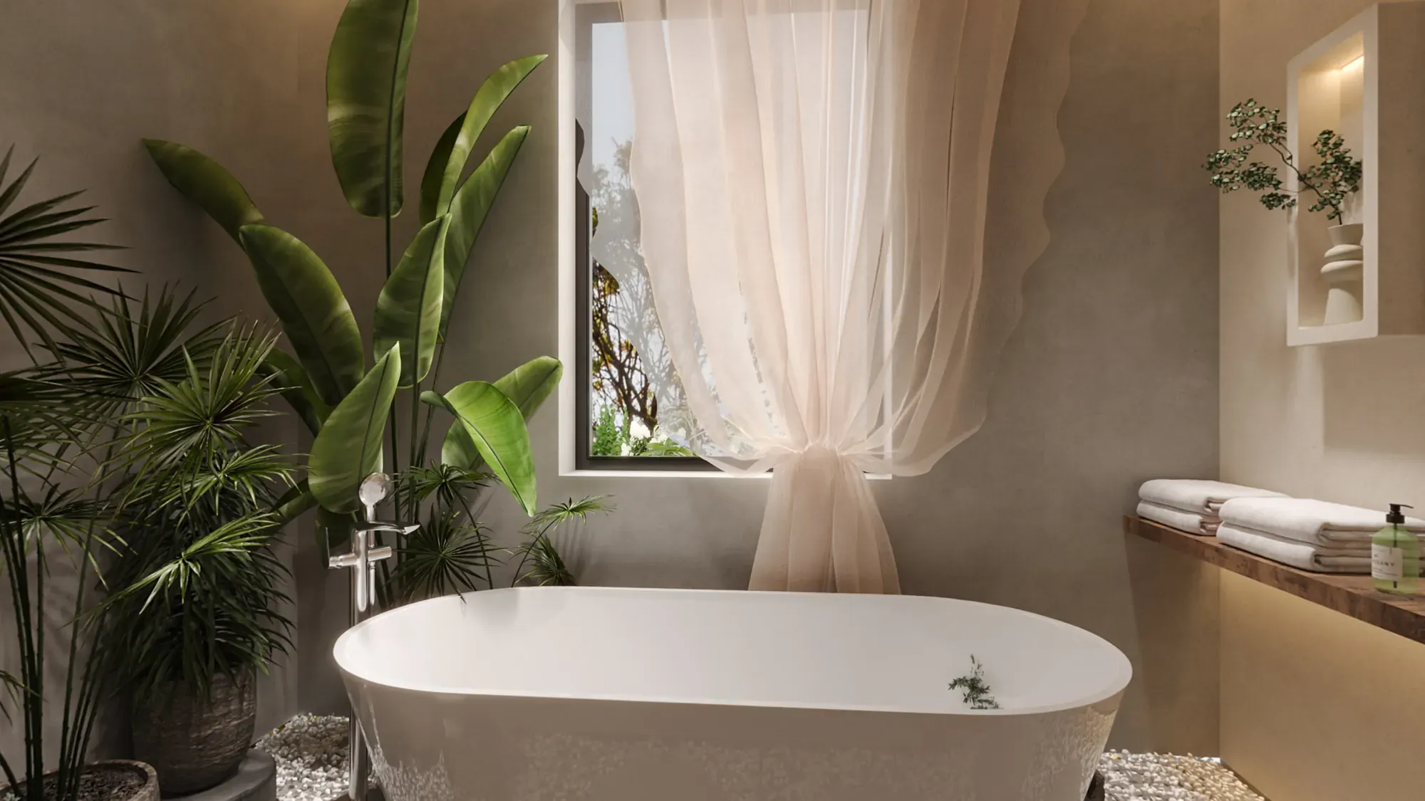 Planted guest bathroom with freestanding bath, textured plaster and warm timber shelf