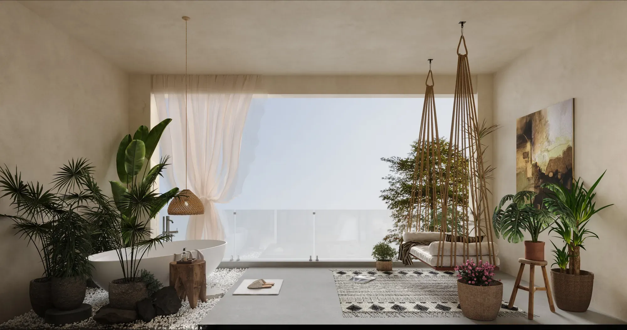 Private guesthouse balcony with hanging daybed and indoor planting