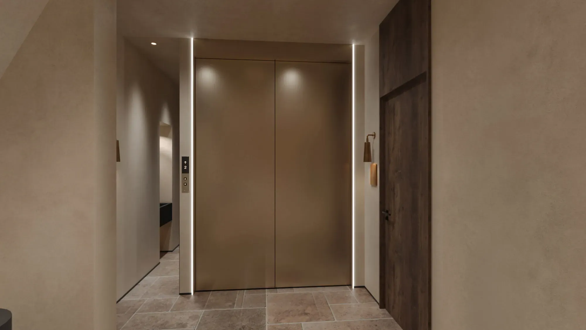 Quiet guesthouse corridor with natural stone floor and timber doors