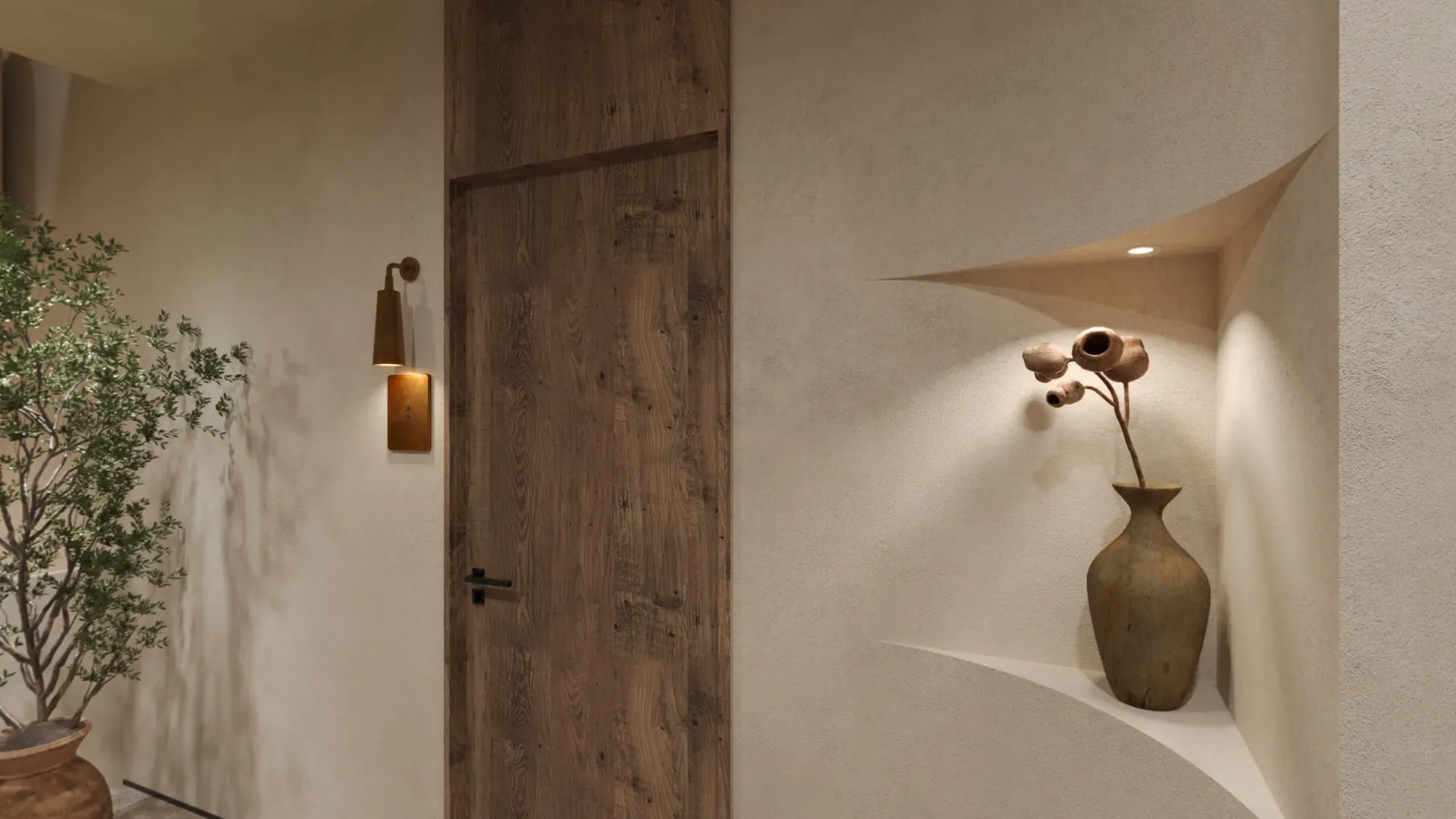 Sculpted plaster stair gallery with artwork and indoor tree