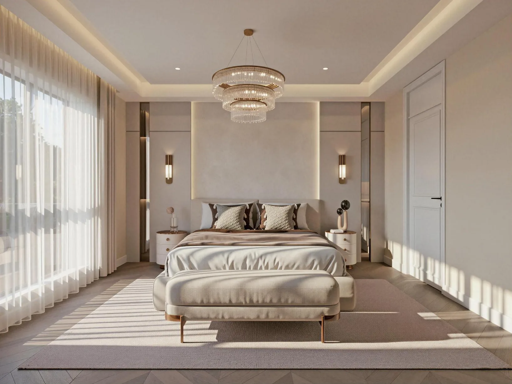 Warm-neutral UK main bedroom with upholstered bed, layered lighting and fitted wall panels