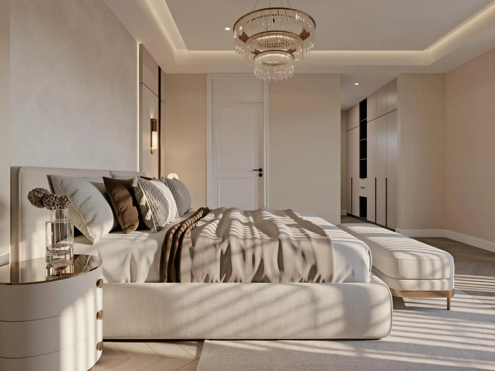 Neutral main bedroom with fitted wardrobes, soft upholstery and warm indirect lighting