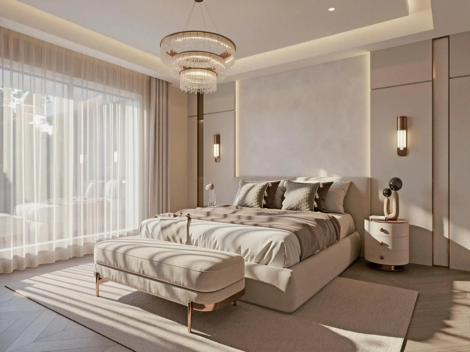 Main bedroom fitted storage wall with dressing table and open illuminated niches