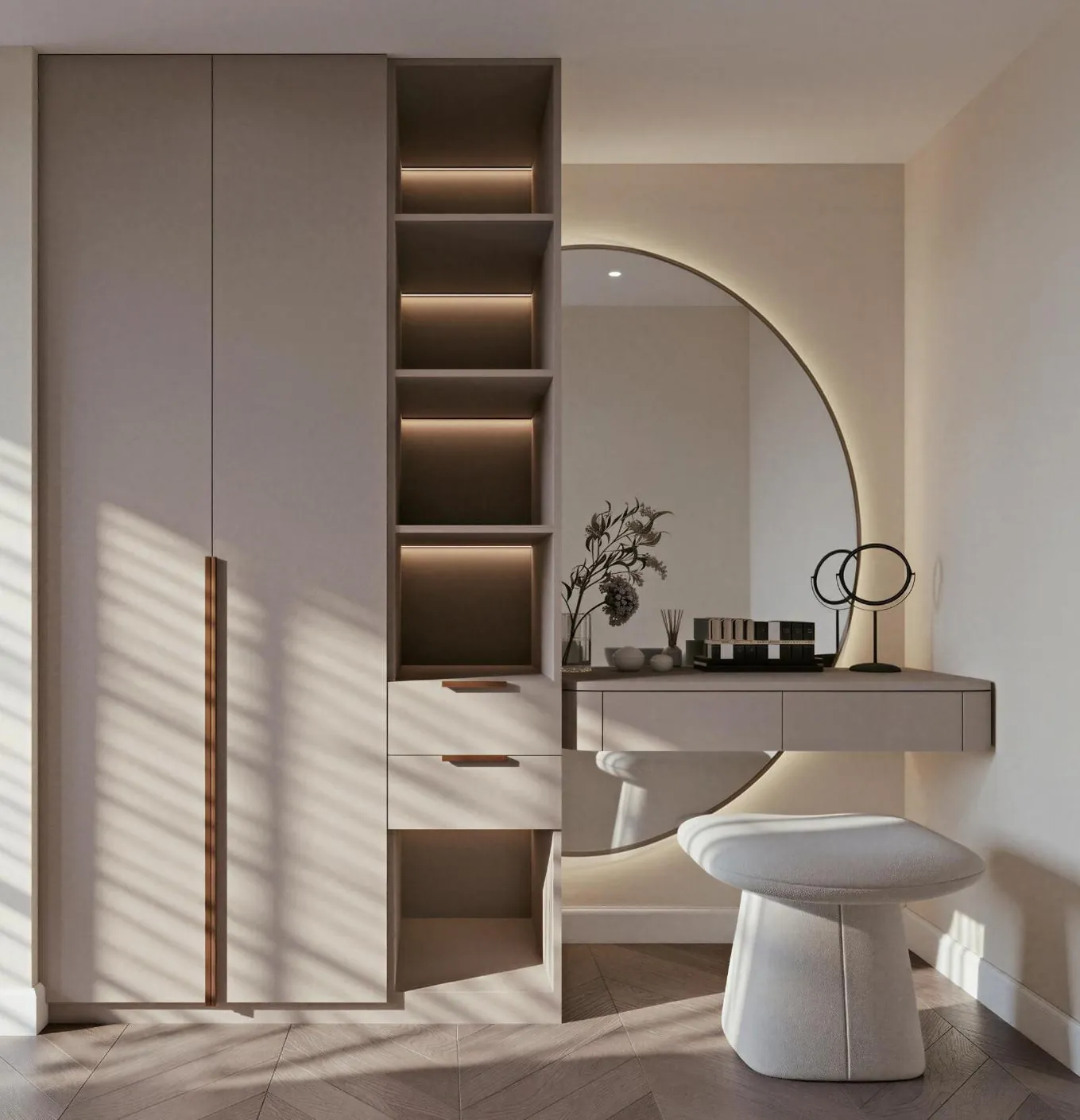 Walk-in dressing room with full-height wardrobes, vanity and softly lit mirror