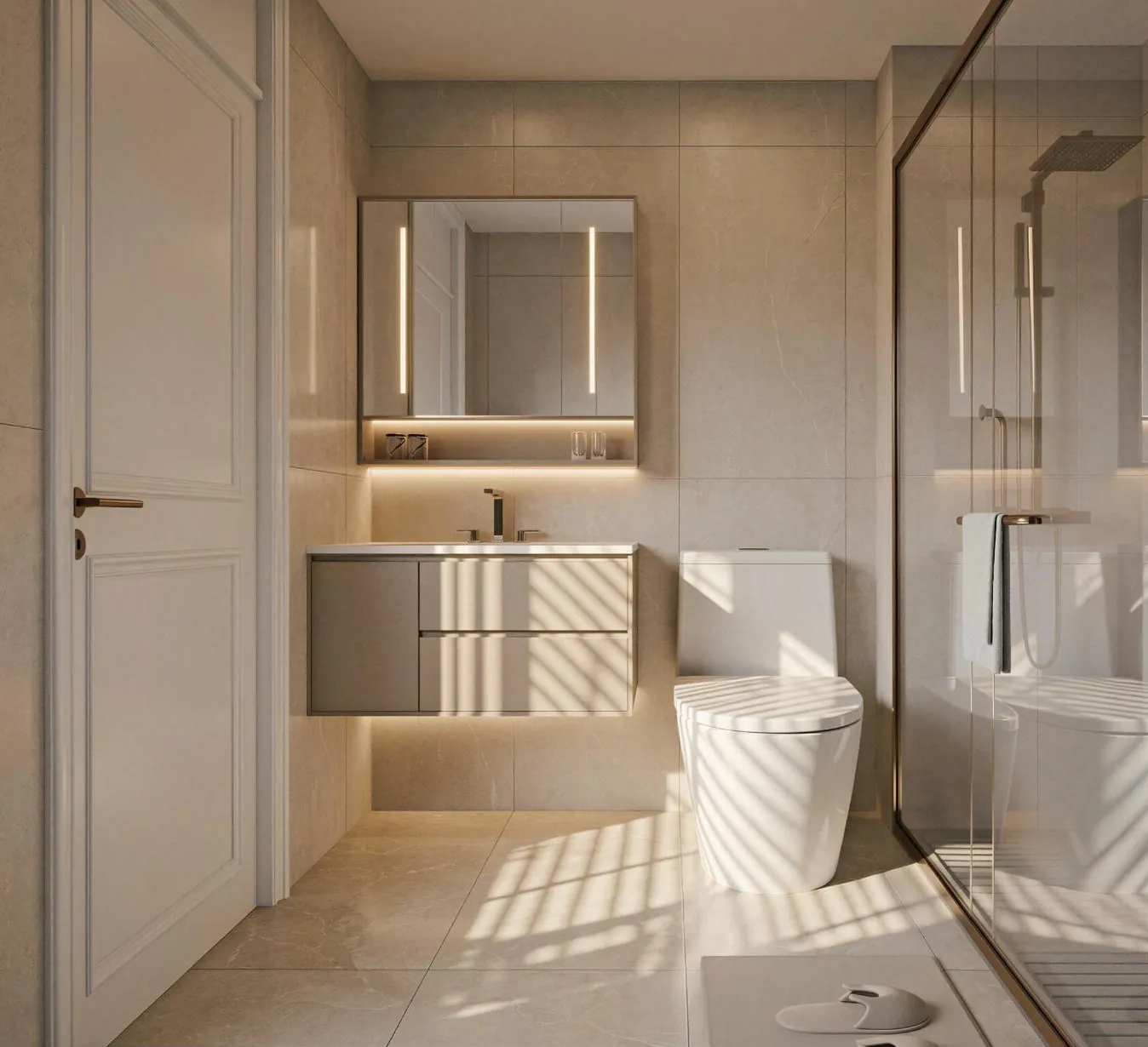 Beige ensuite bathroom with floating vanity, clear shower glass and large-format surfaces