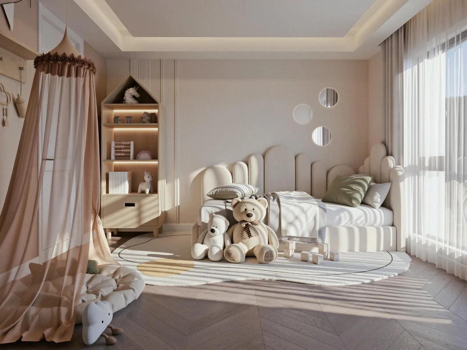 Children's bedroom with muted pink textiles, fitted storage and softly shaped upholstery