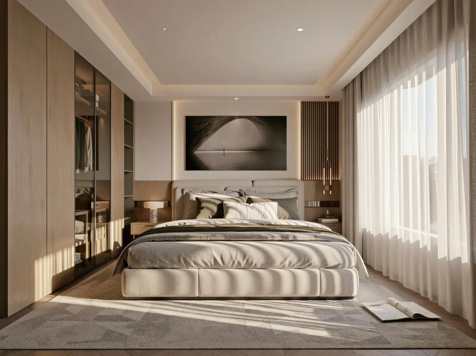 Guest bedroom with pale timber fitted furniture and warm-grey upholstery