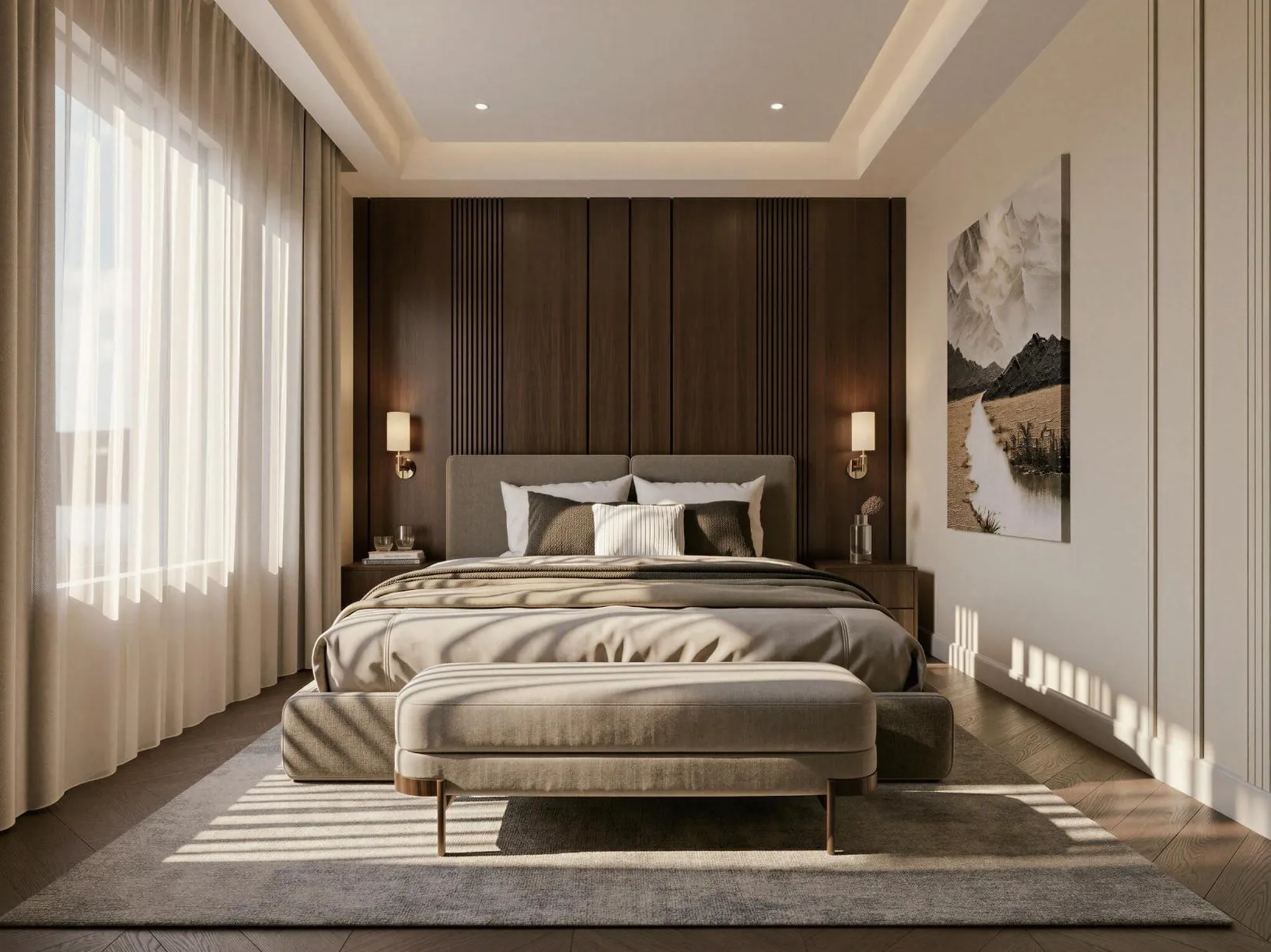 Guest bedroom using deeper timber around fitted wardrobes and study furniture
