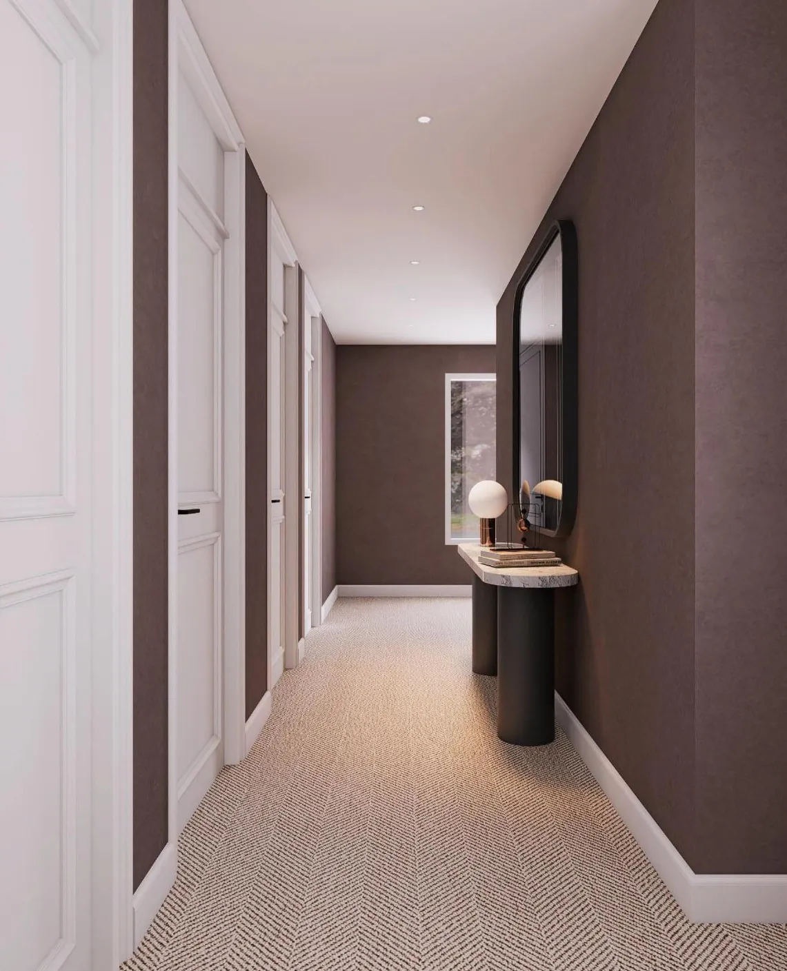 Upstairs hallway with contrasting wall finishes and clear circulation