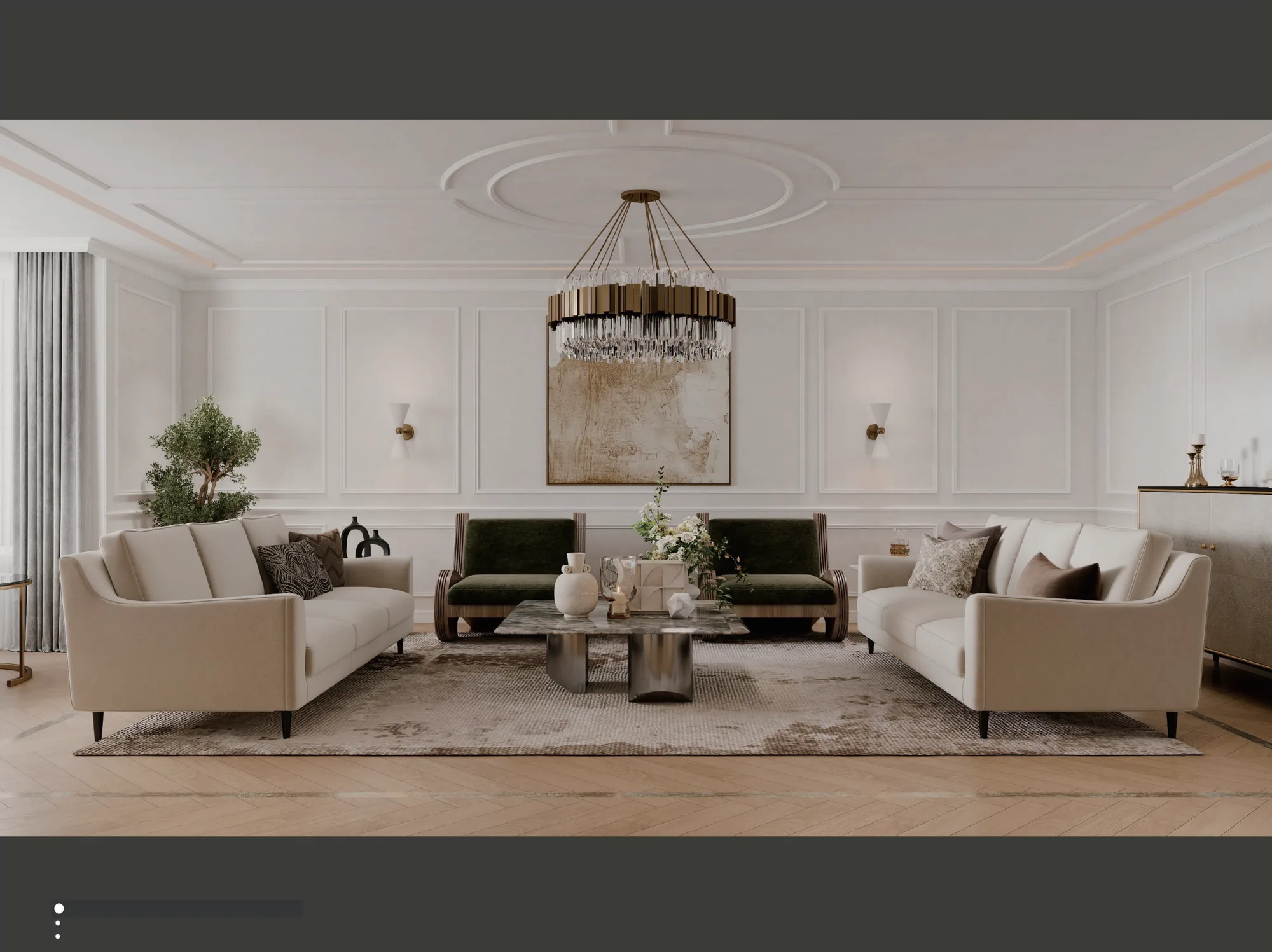 Uzbekistan soft modern classic villa lounge with warm white wall panels