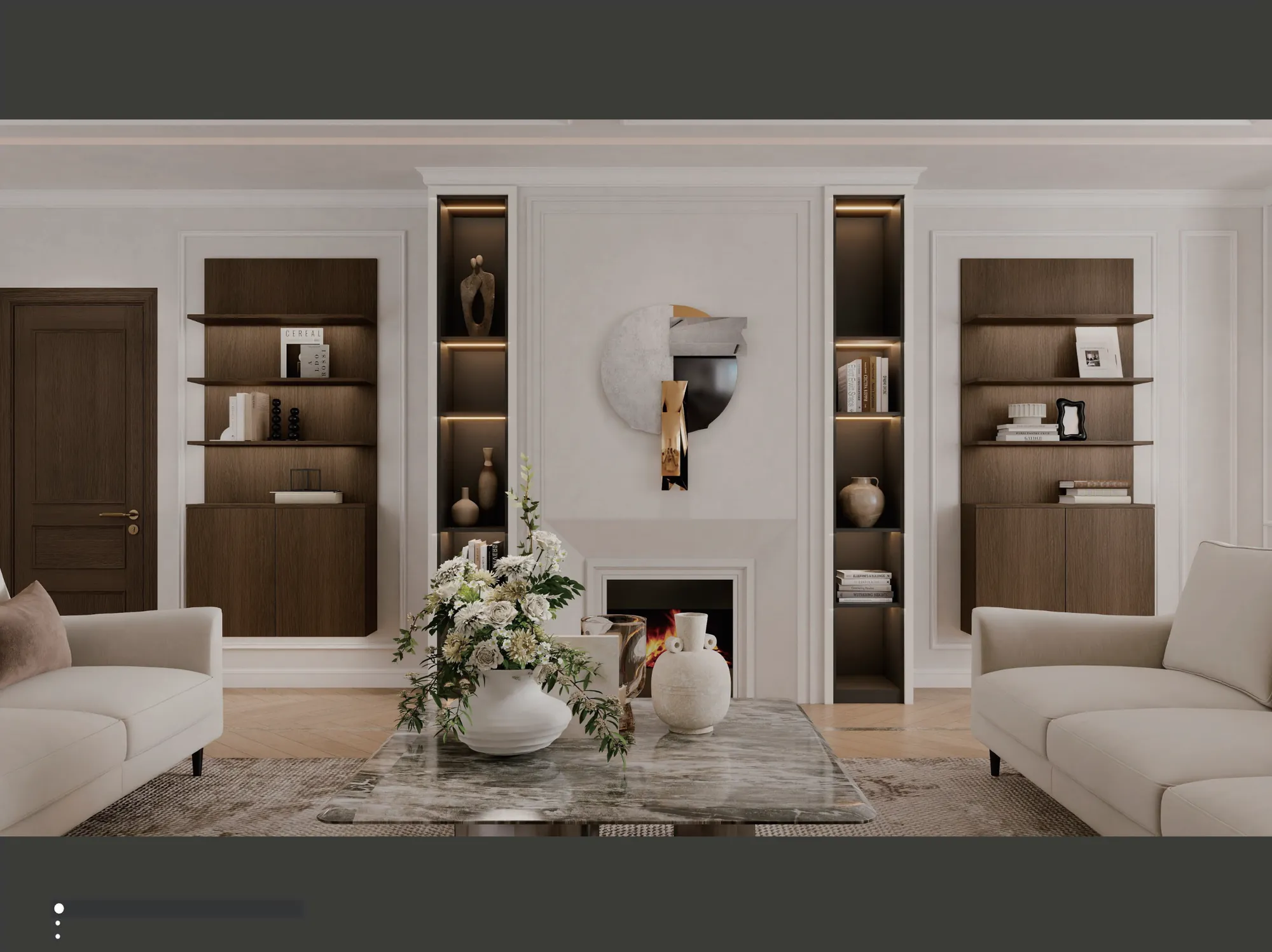Warm white media wall with dark fitted console and illuminated display