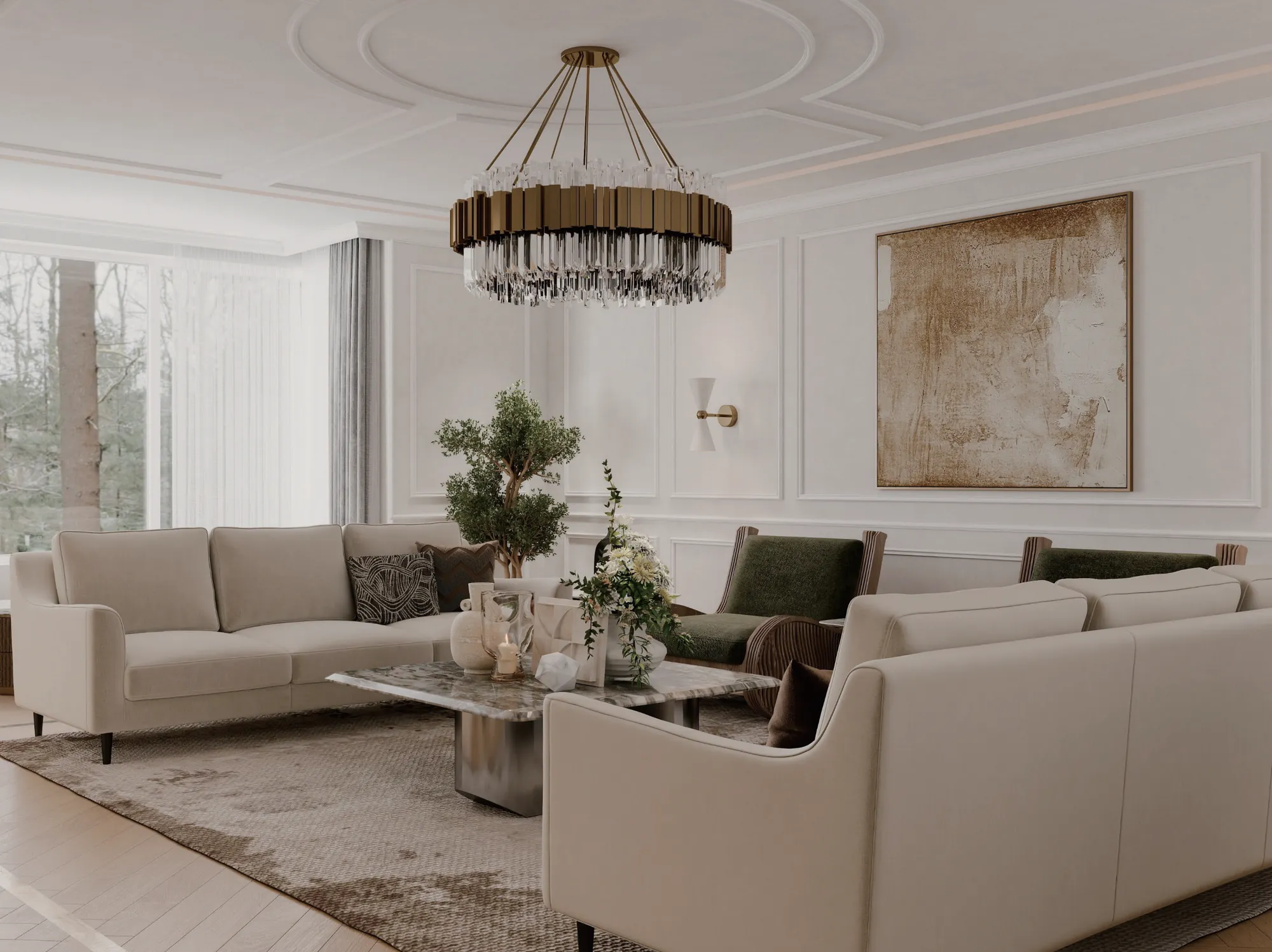 Formal villa lounge with symmetrical cream seating and brass chandelier