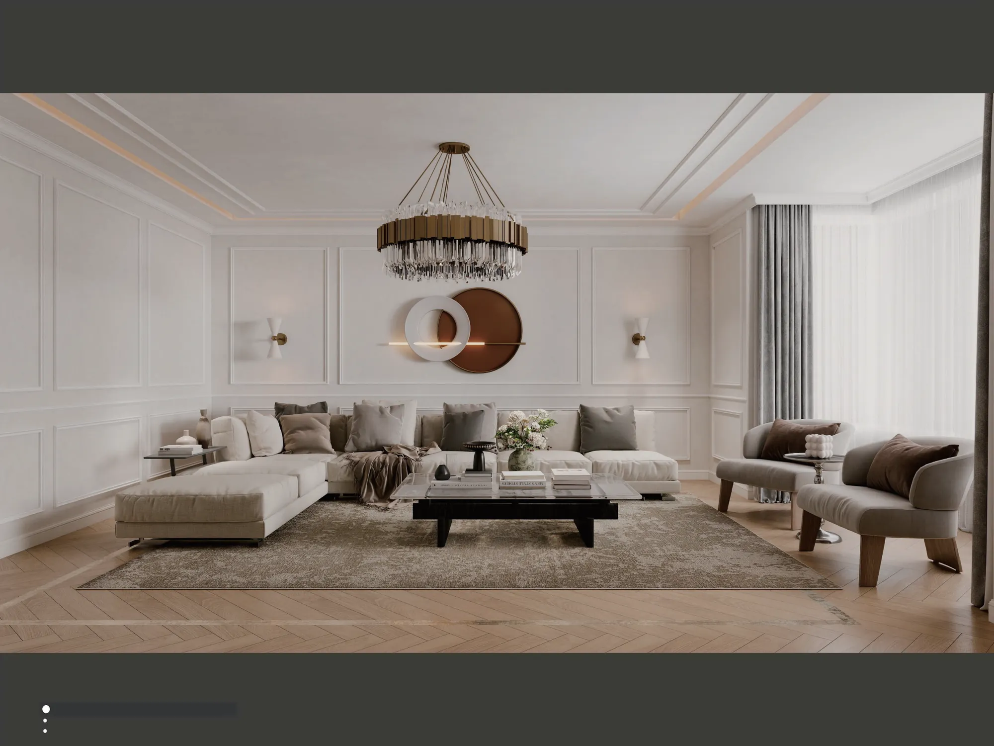 Soft modern classic family lounge with curved sectional seating