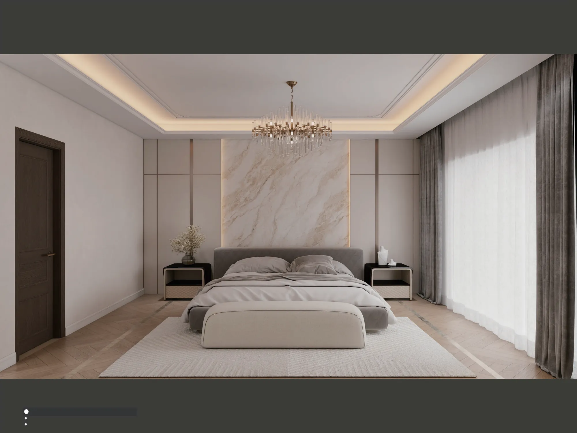 Modern classic bedroom with pale stone headboard wall and upholstered bed