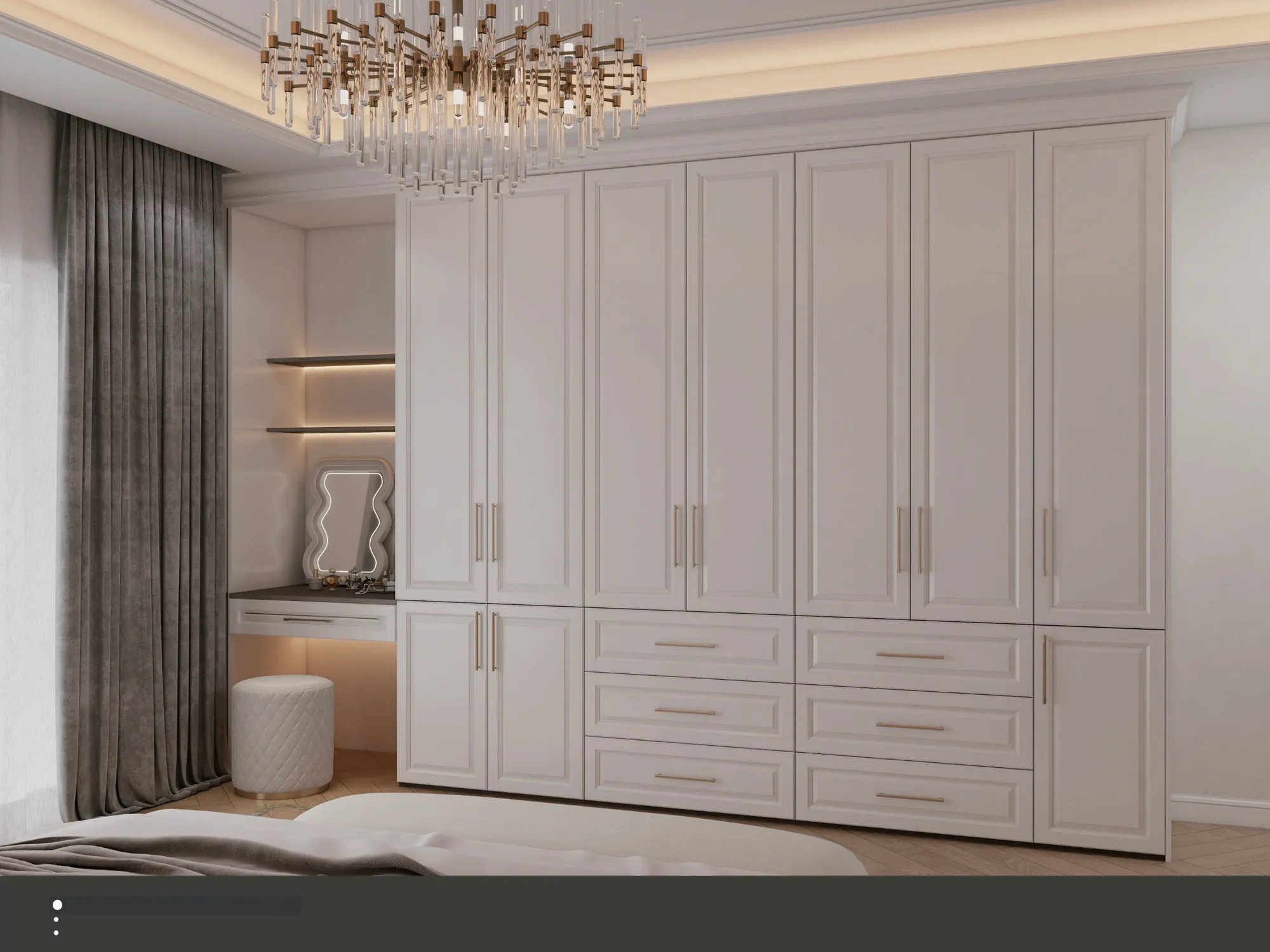 Full-height panelled bedroom wardrobe with brass handles
