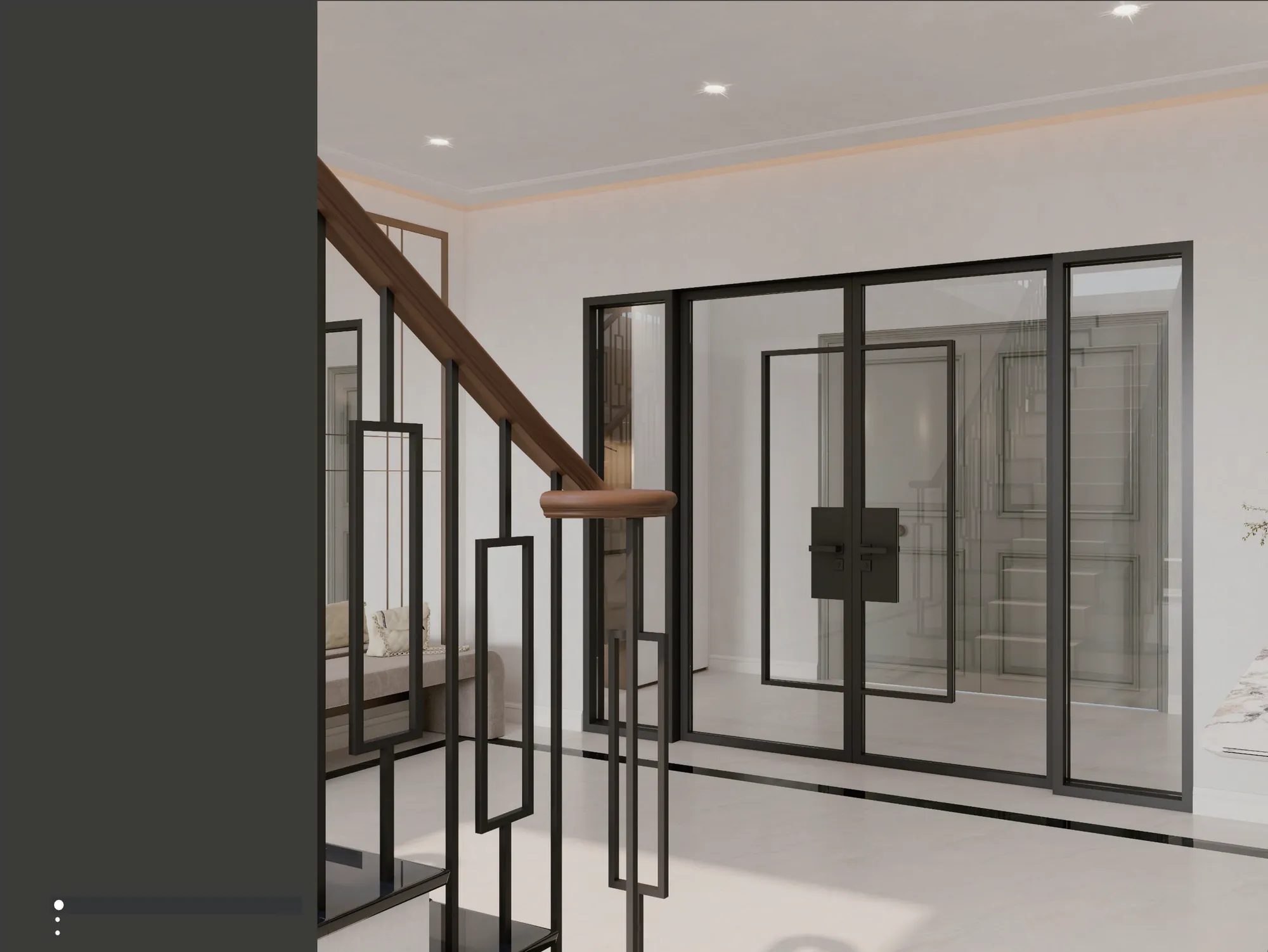 Villa stair hall with black metal balustrade, timber handrail and pale panels