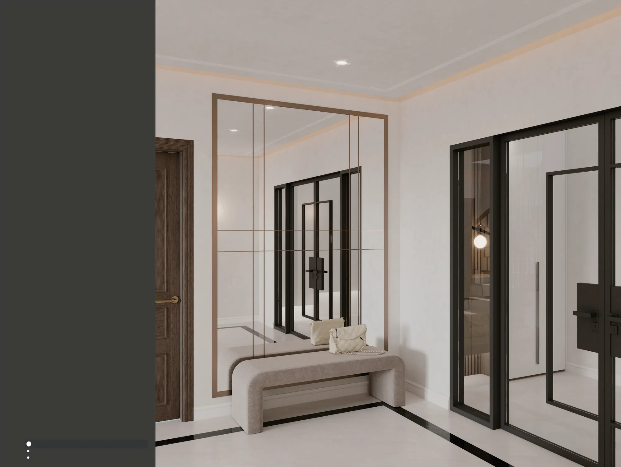 Black framed glass doors and balustrade in the villa foyer