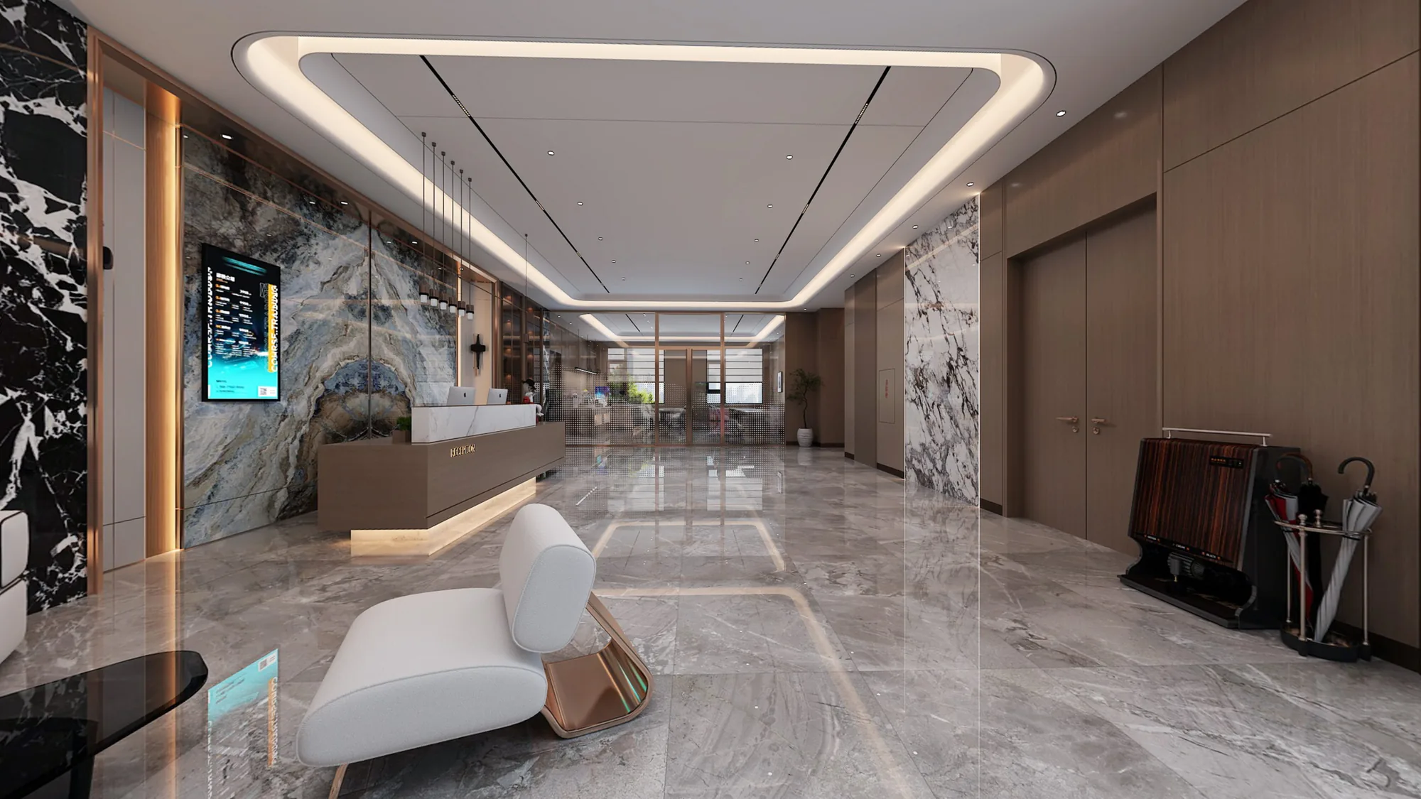 Uzbekistan warm contemporary business hotel lobby with grey stone floor and walnut wall panels