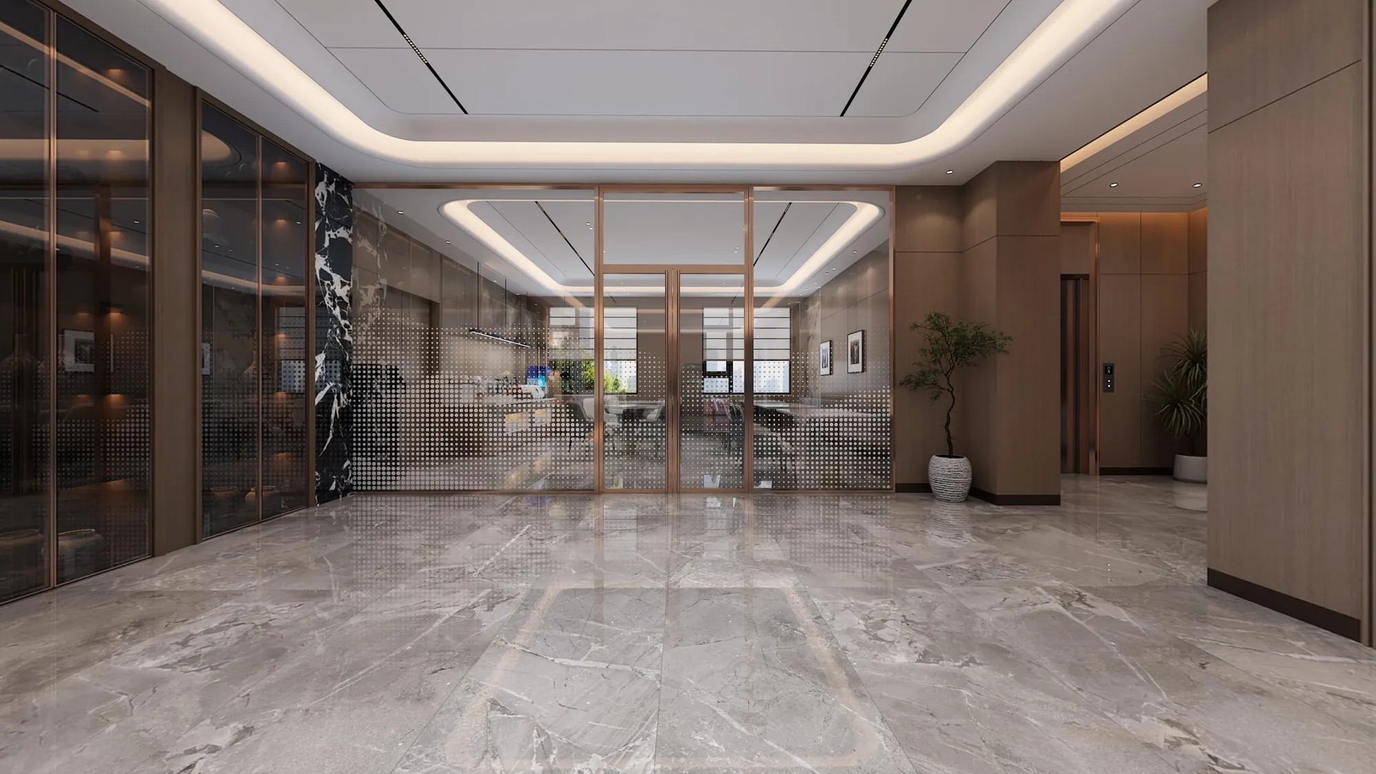 Business hotel arrival lobby with full-height timber joinery and glazed meeting space
