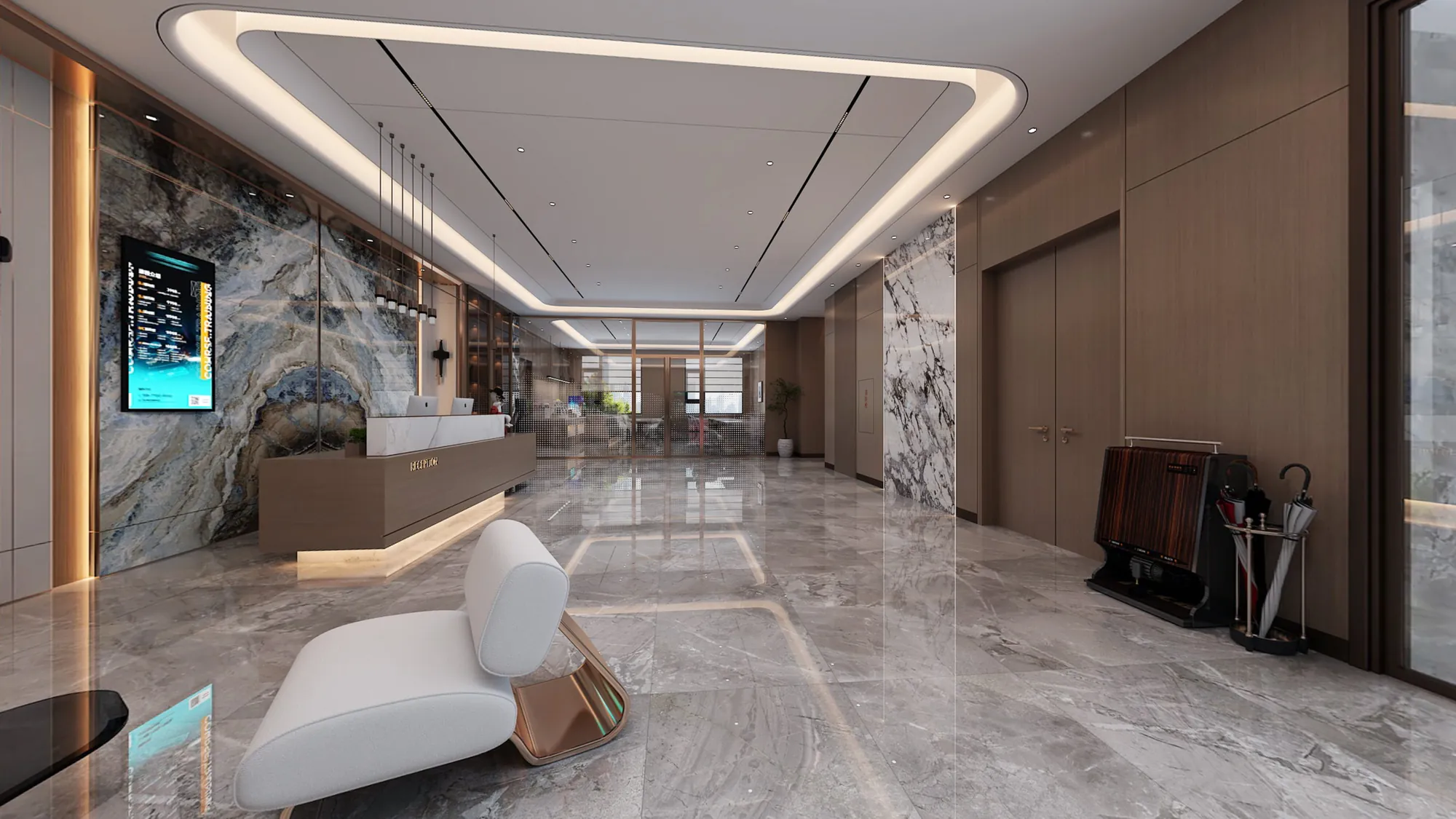 Contemporary hotel reception desk framed by veined stone and warm linear lighting