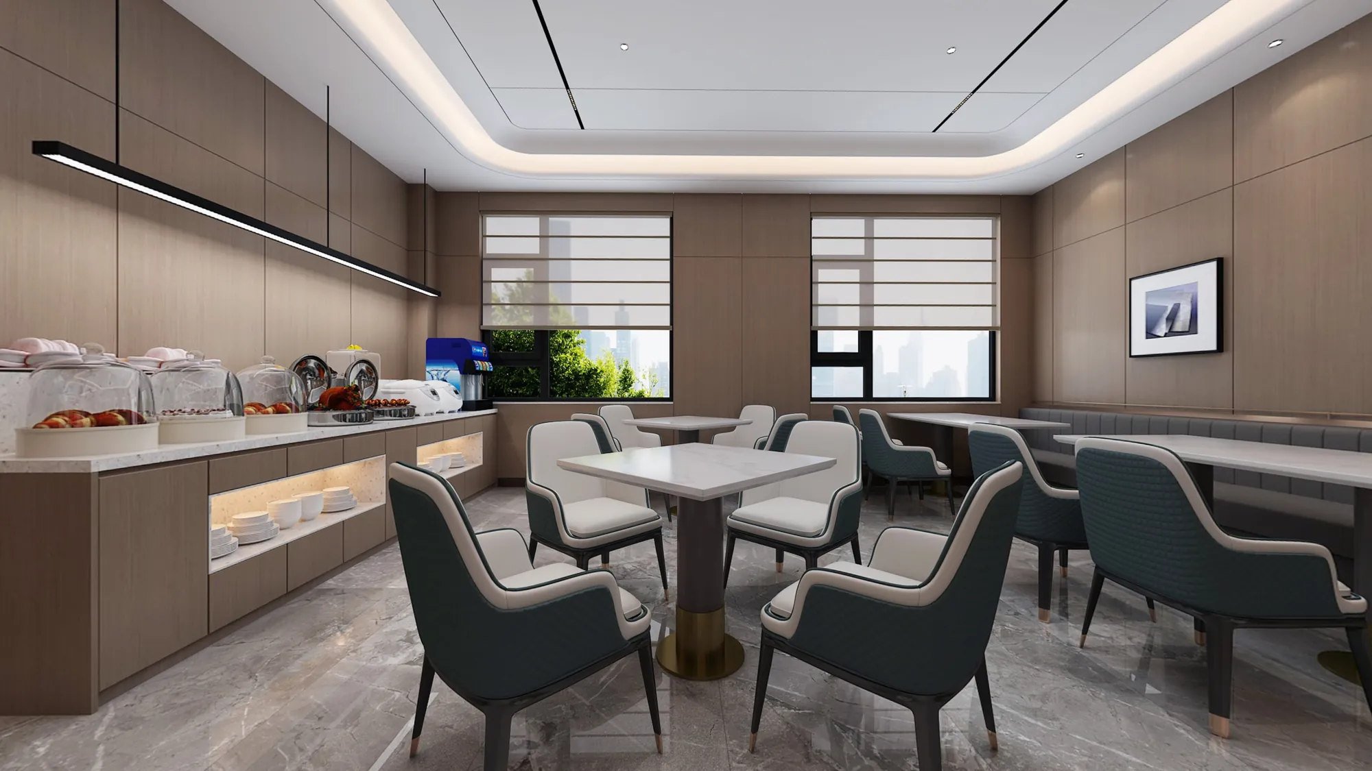 Hotel breakfast restaurant with buffet joinery and green upholstered dining chairs