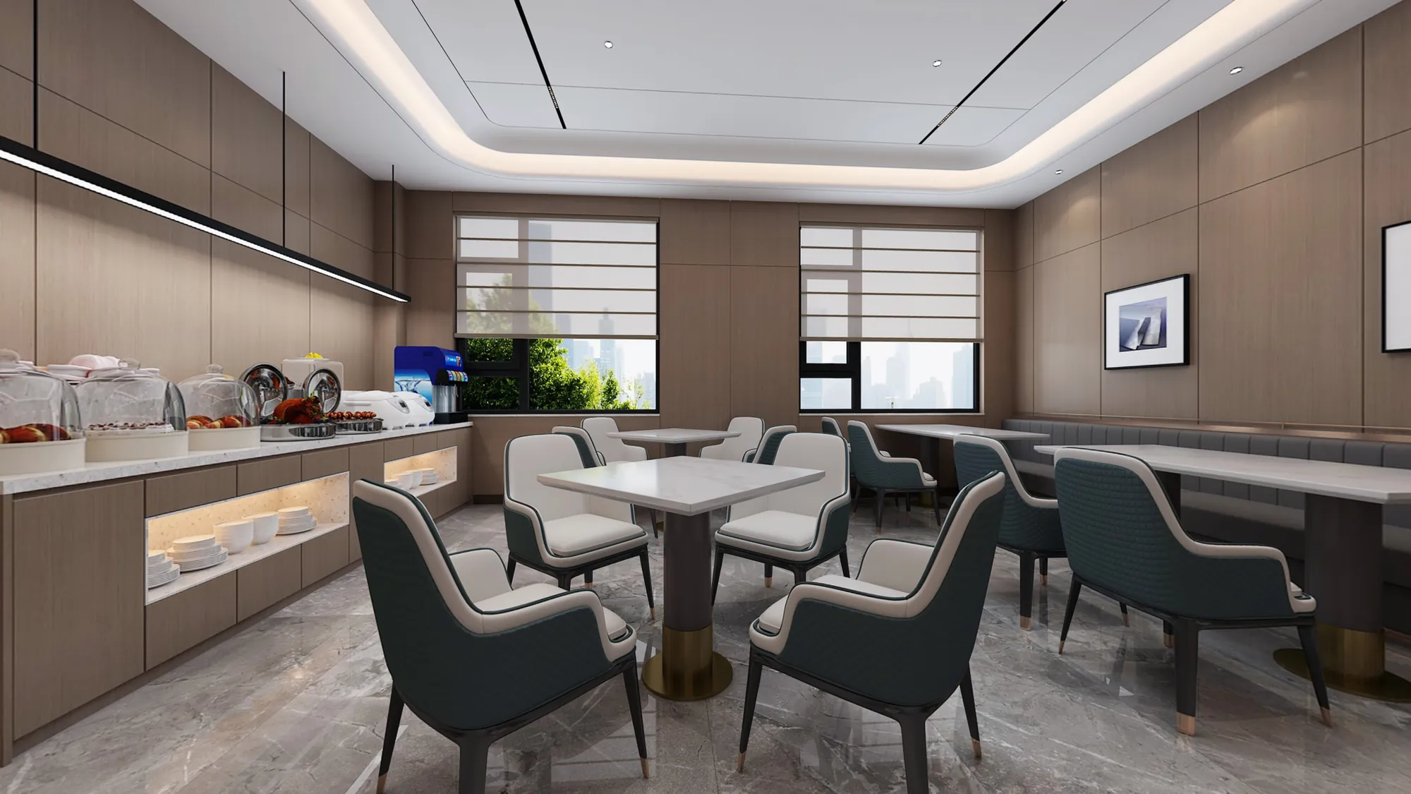 Warm contemporary hotel dining room with linear pendant and timber wall panels